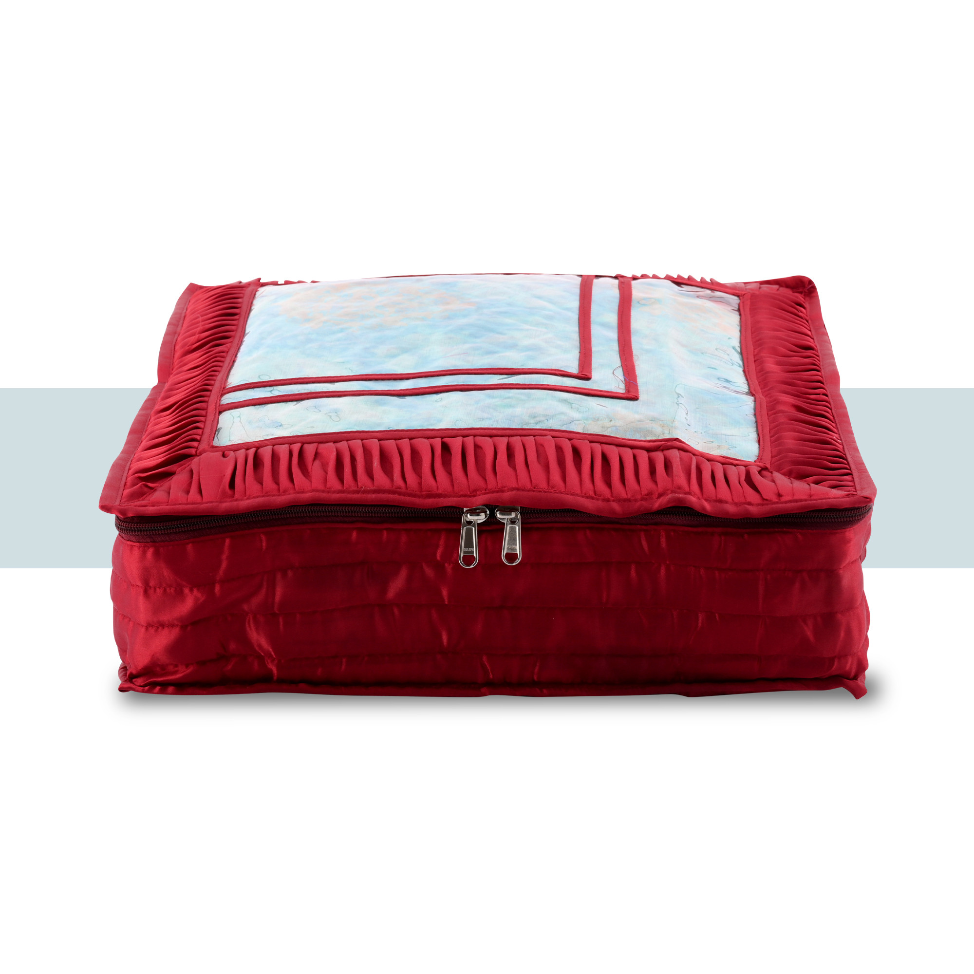 Kuber Industries Saree Storage Bag  6 Inch  Satin Wardrobe Storage Bag  Garment Cover for Lehenga-Suit  Top Visible Window Bag  Lightweight-Portable Clothes Bag  Frill Design  Maroon