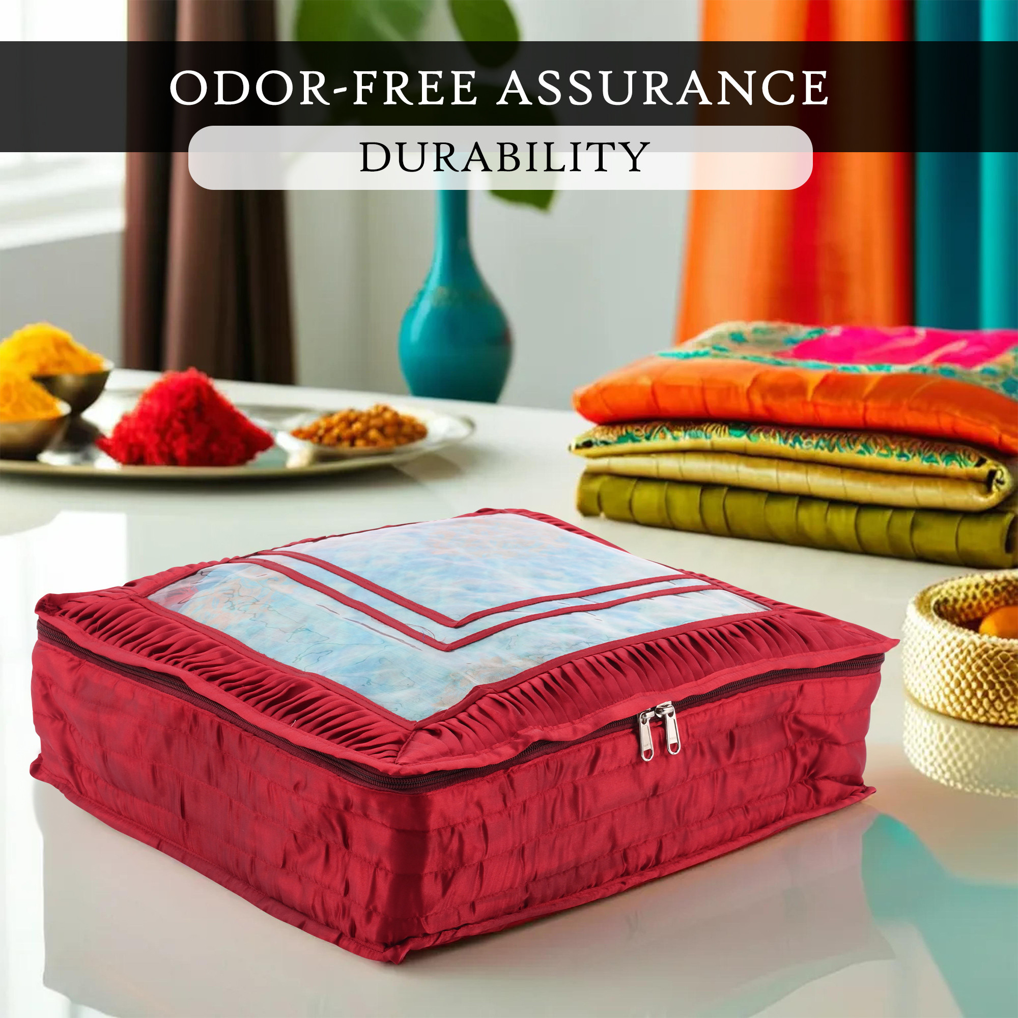 Kuber Industries Saree Storage Bag  6 Inch  Satin Wardrobe Storage Bag  Garment Cover for Lehenga-Suit  Top Visible Window Bag  Lightweight-Portable Clothes Bag  Frill Design  Maroon
