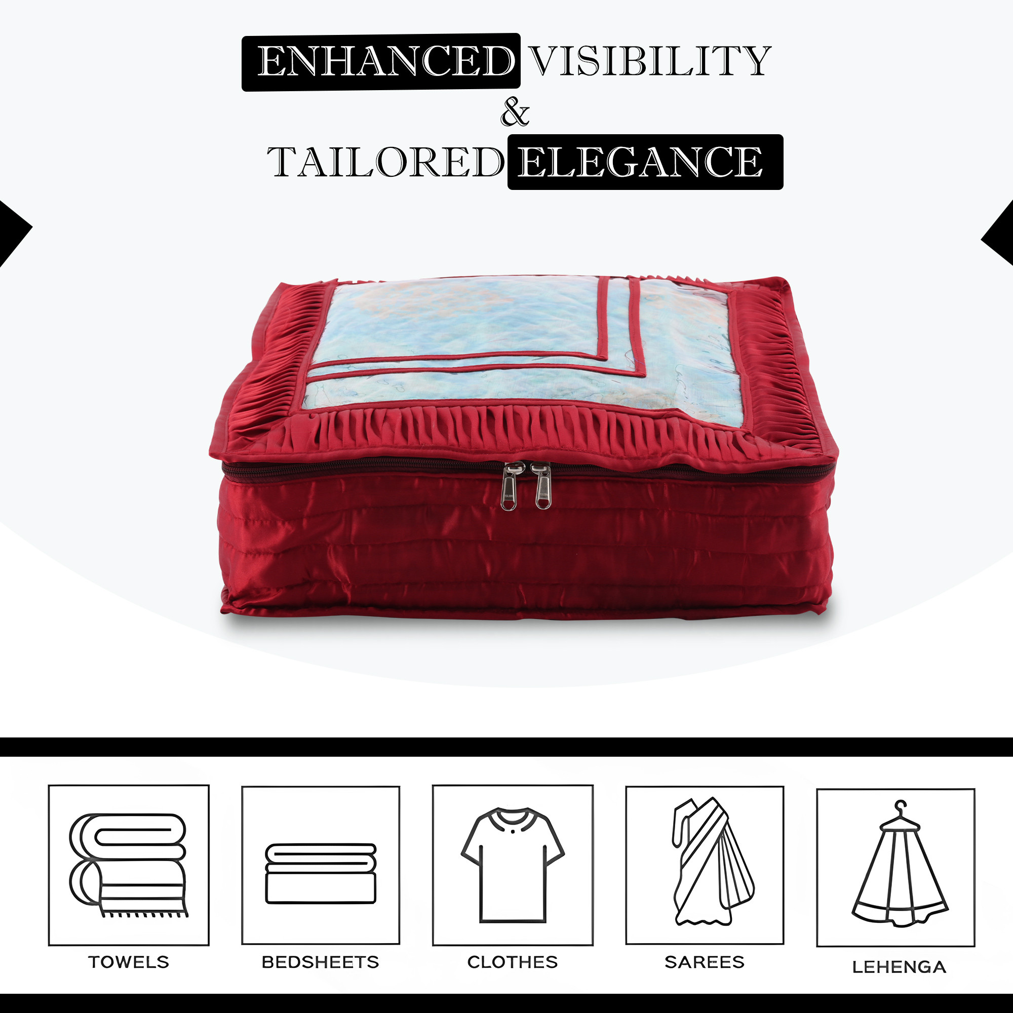 Kuber Industries Saree Storage Bag  6 Inch  Satin Wardrobe Storage Bag  Garment Cover for Lehenga-Suit  Top Visible Window Bag  Lightweight-Portable Clothes Bag  Frill Design  Maroon