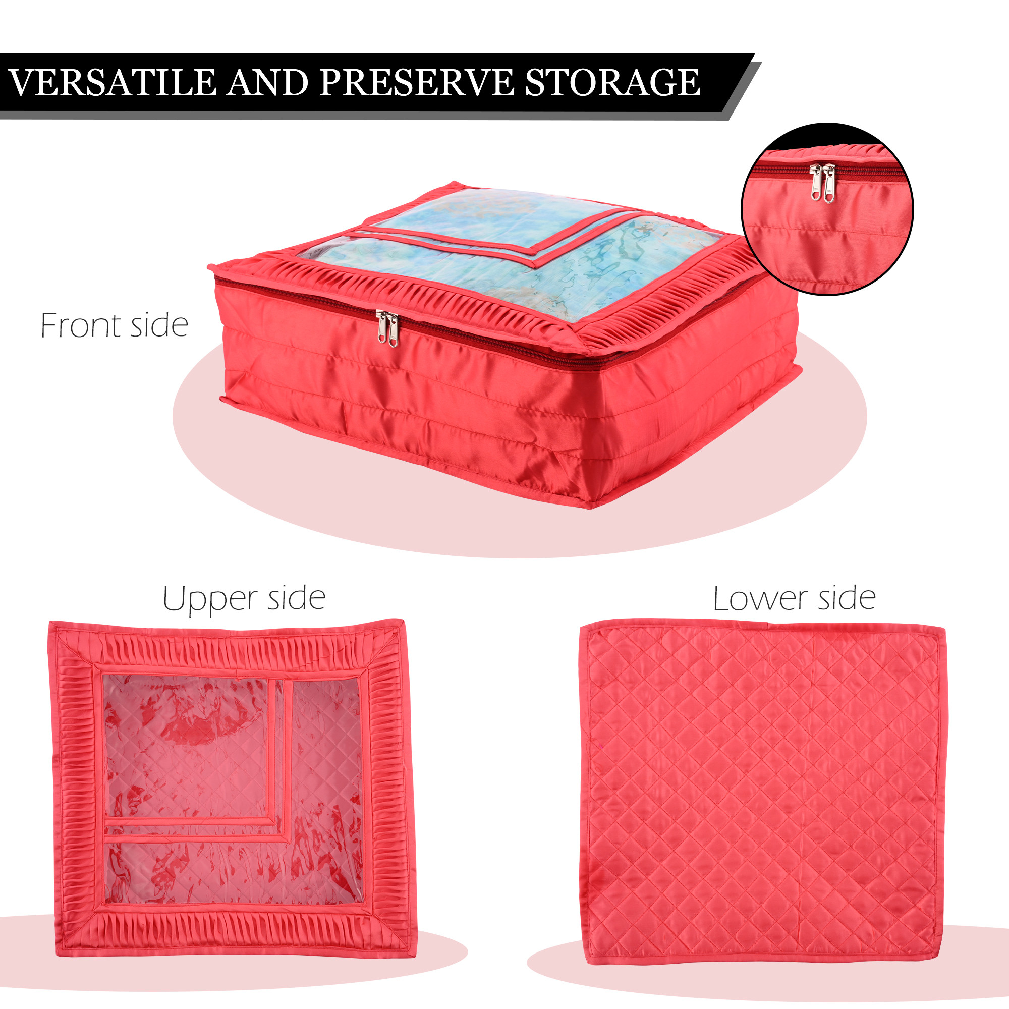 Kuber Industries Saree Storage Bag  6 Inch  Satin Wardrobe Storage Bag  Garment Cover for Lehenga-Suit  Top Visible Window Bag  Lightweight-Portable Clothes Bag  Frill Design  Red