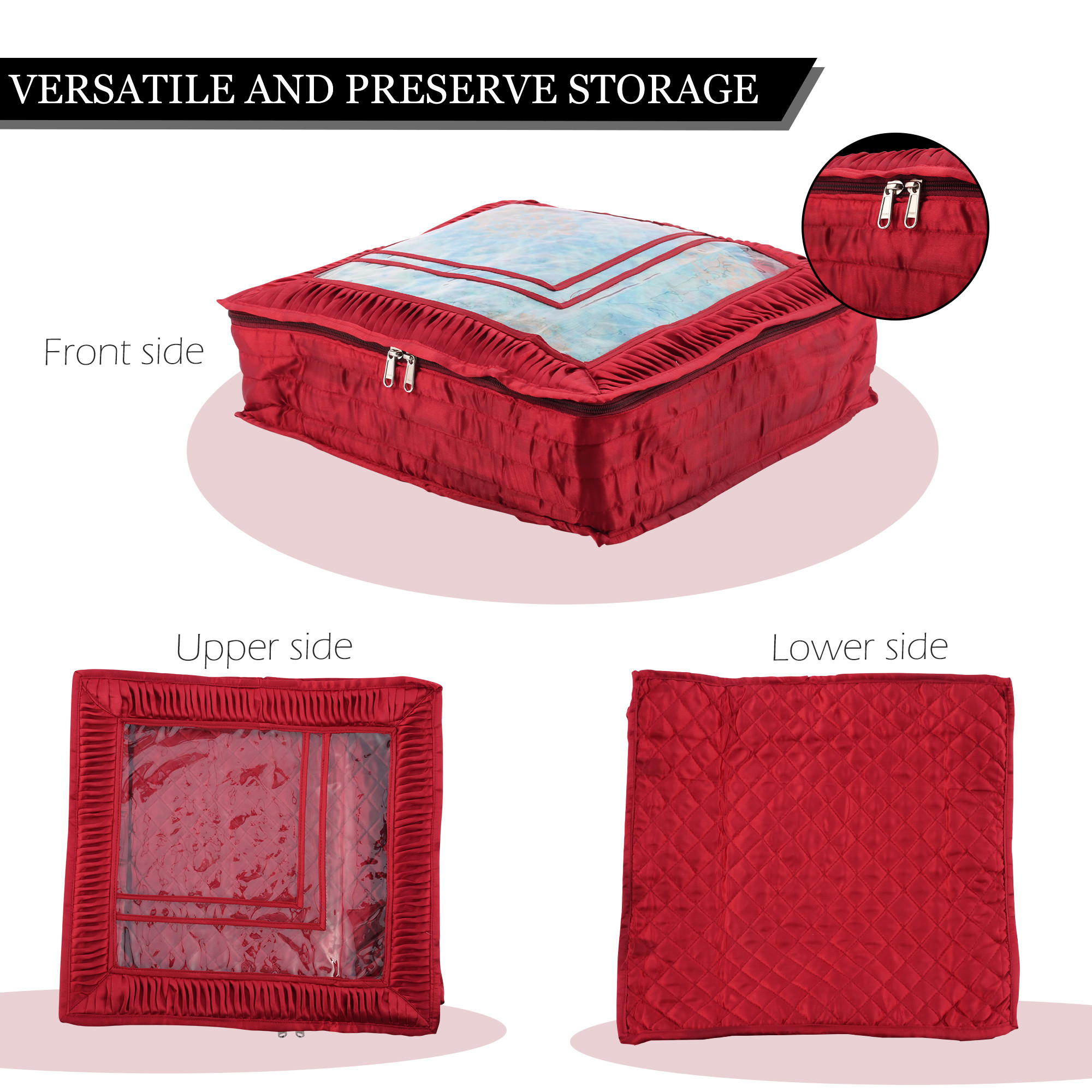 Kuber Industries Saree Storage Bag  6 Inch  Satin Wardrobe Storage Bag  Garment Cover for Lehenga-Suit  Top Visible Window Bag  Lightweight-Portable Clothes Bag  Frill Design  Maroon
