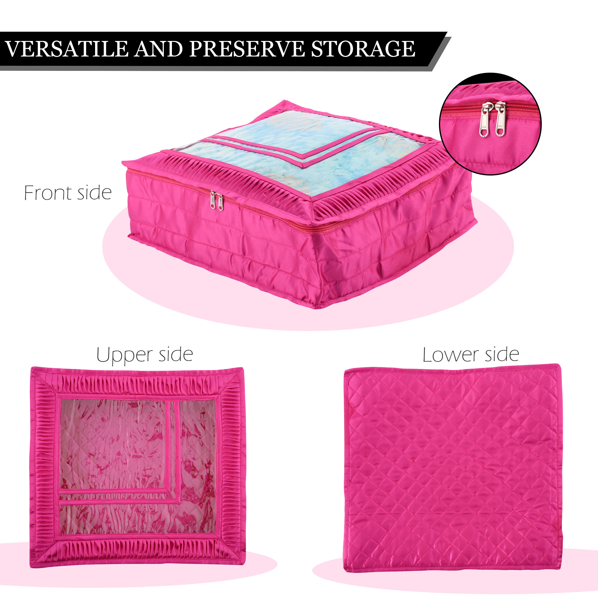 Kuber Industries Saree Storage Bag  6 Inch  Satin Wardrobe Storage Bag  Garment Cover for Lehenga-Suit  Top Visible Window Bag  Lightweight-Portable Clothes Bag  Frill Design  Rani