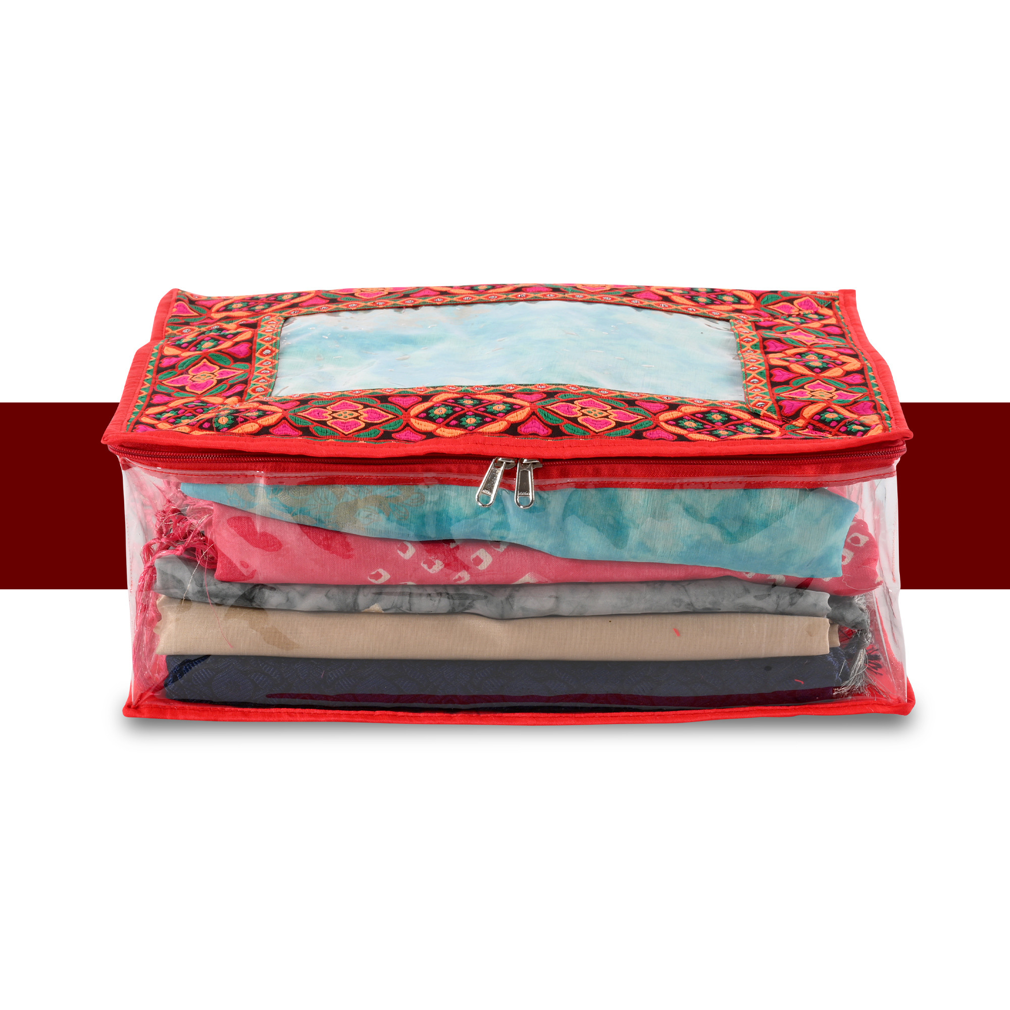 Kuber Industries Saree Storage Bag  6 Inch  Wardrobe Bag for Lehenga-Suit  Garment Clothing Bag  Lightweight-Portable Clothes Bag  Top Visible Window Bag  Chaudi Lace Printed  Red