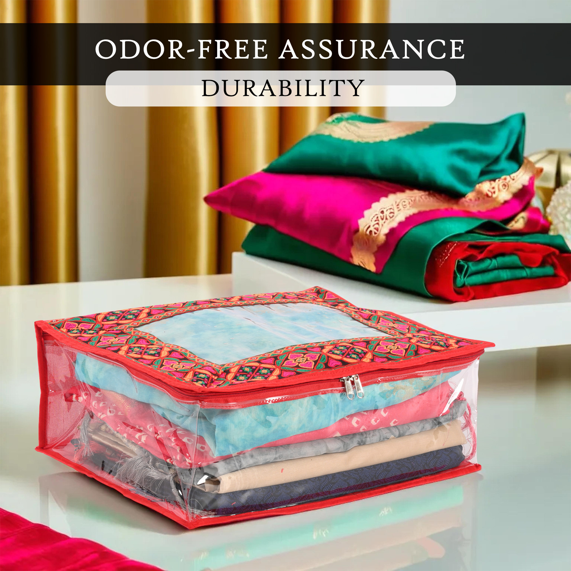 Kuber Industries Saree Storage Bag  6 Inch  Wardrobe Bag for Lehenga-Suit  Garment Clothing Bag  Lightweight-Portable Clothes Bag  Top Visible Window Bag  Chaudi Lace Printed  Red