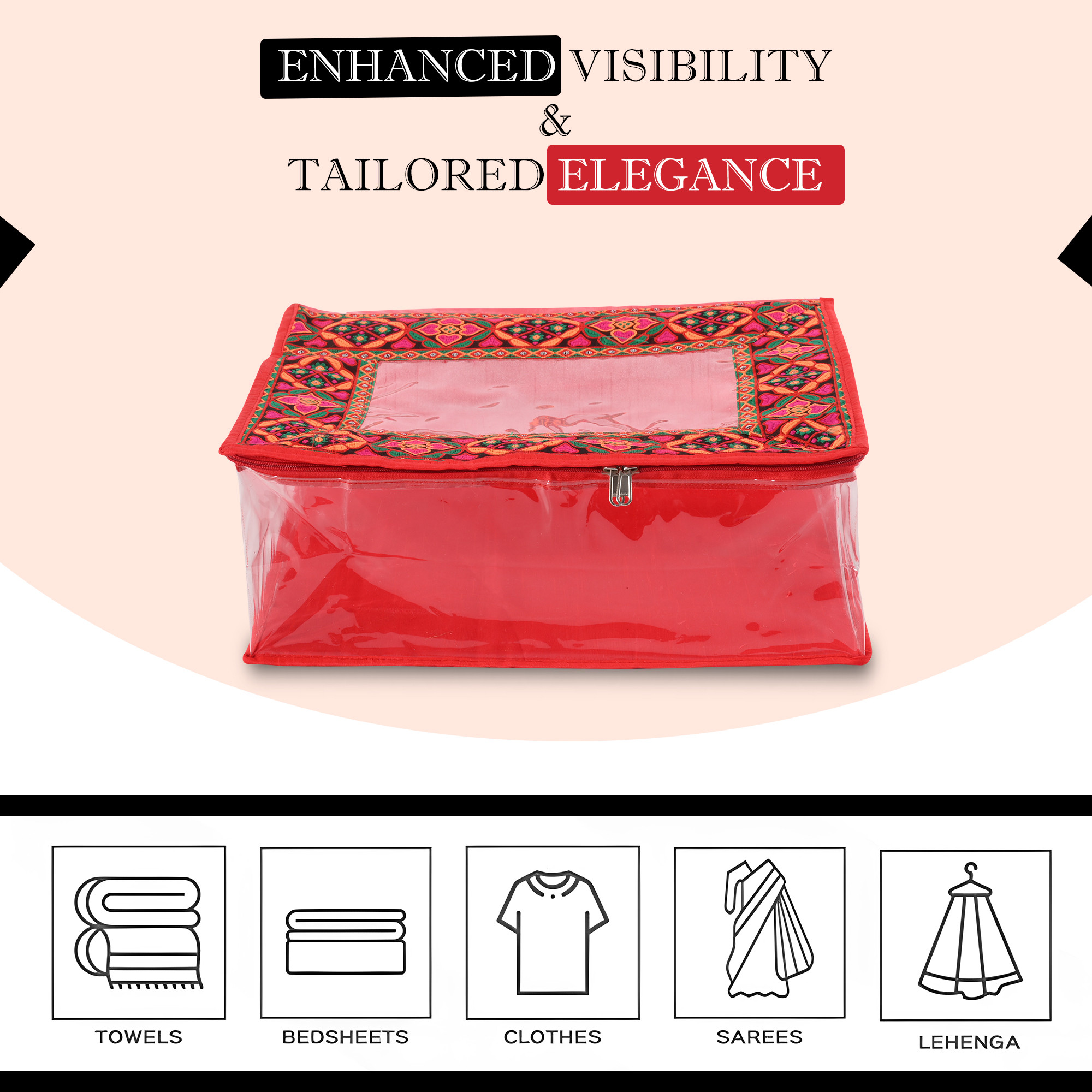 Kuber Industries Saree Storage Bag  6 Inch  Wardrobe Bag for Lehenga-Suit  Garment Clothing Bag  Lightweight-Portable Clothes Bag  Top Visible Window Bag  Chaudi Lace Printed  Red