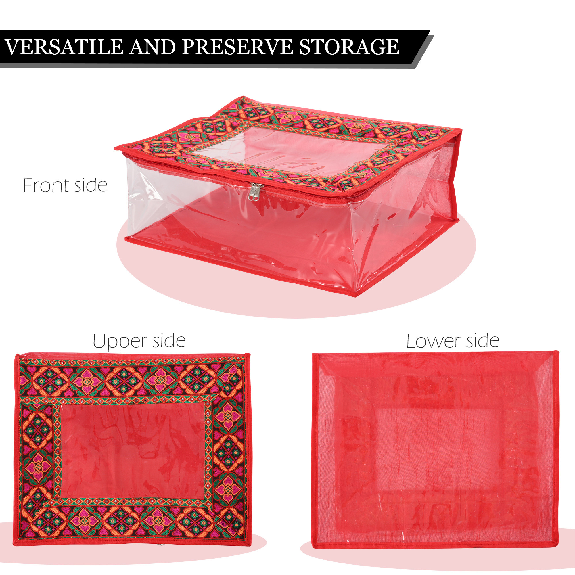 Kuber Industries Saree Storage Bag  6 Inch  Wardrobe Bag for Lehenga-Suit  Garment Clothing Bag  Lightweight-Portable Clothes Bag  Top Visible Window Bag  Chaudi Lace Printed  Red