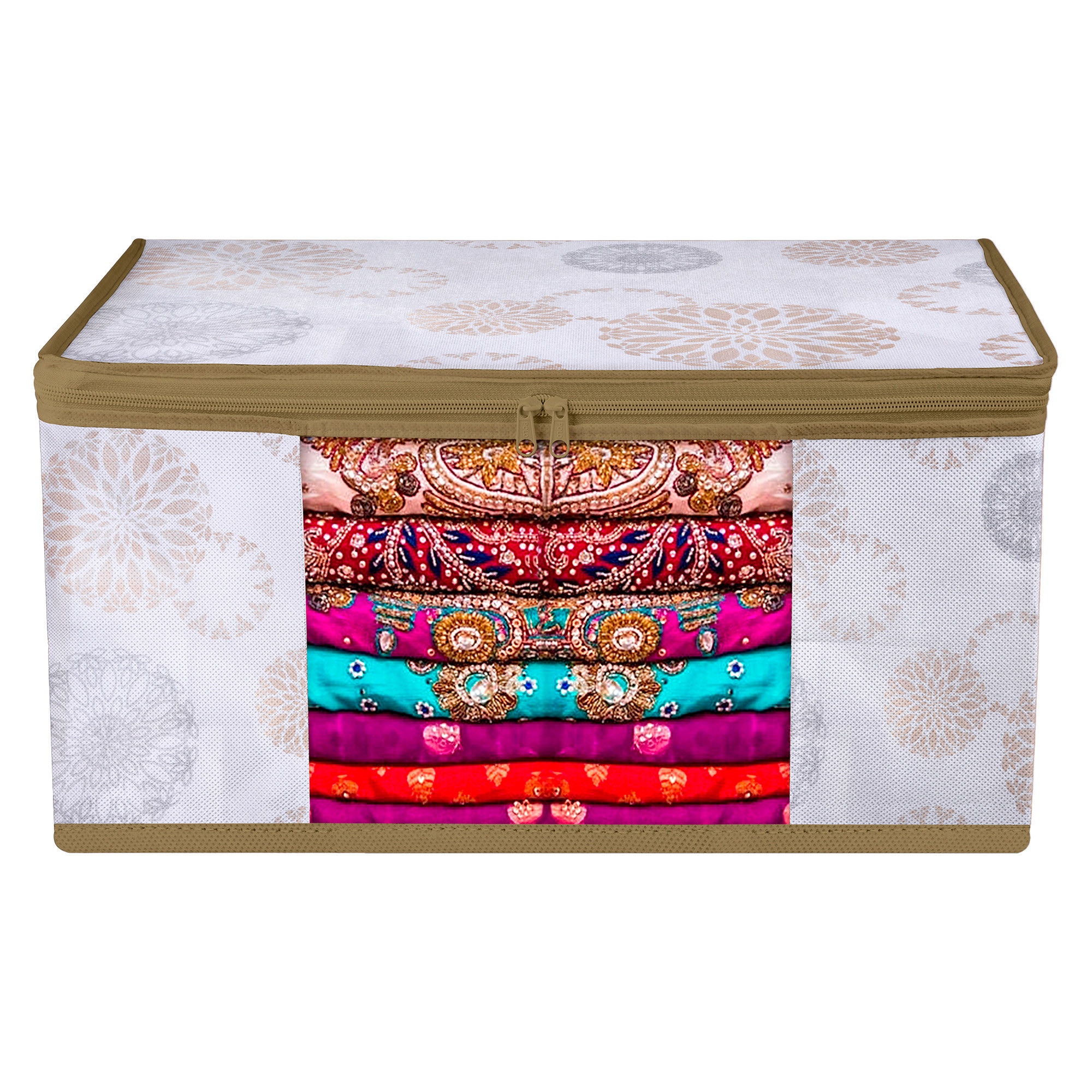 Kuber Industries Saree Storage Bag  Clothes Storage Bag  Wardrobe Storage Bag  Cloth Storage Organizer  Visible Window Saree Bag  Gola-Design  9 Inch  Pack of 6  White