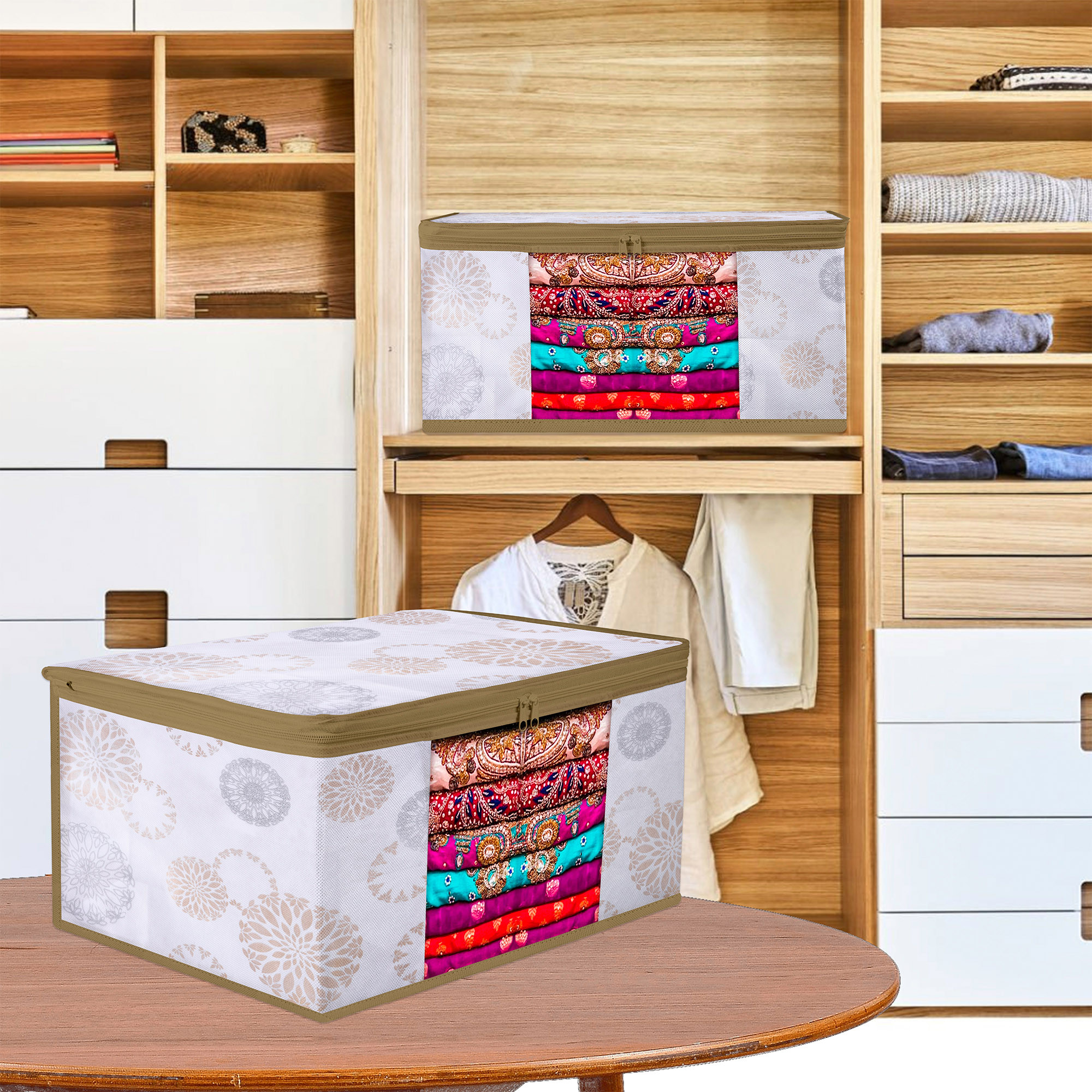 Kuber Industries Saree Storage Bag  Clothes Storage Bag  Wardrobe Storage Bag  Cloth Storage Organizer  Visible Window Saree Bag  Gola-Design  9 Inch  Pack of 6  White