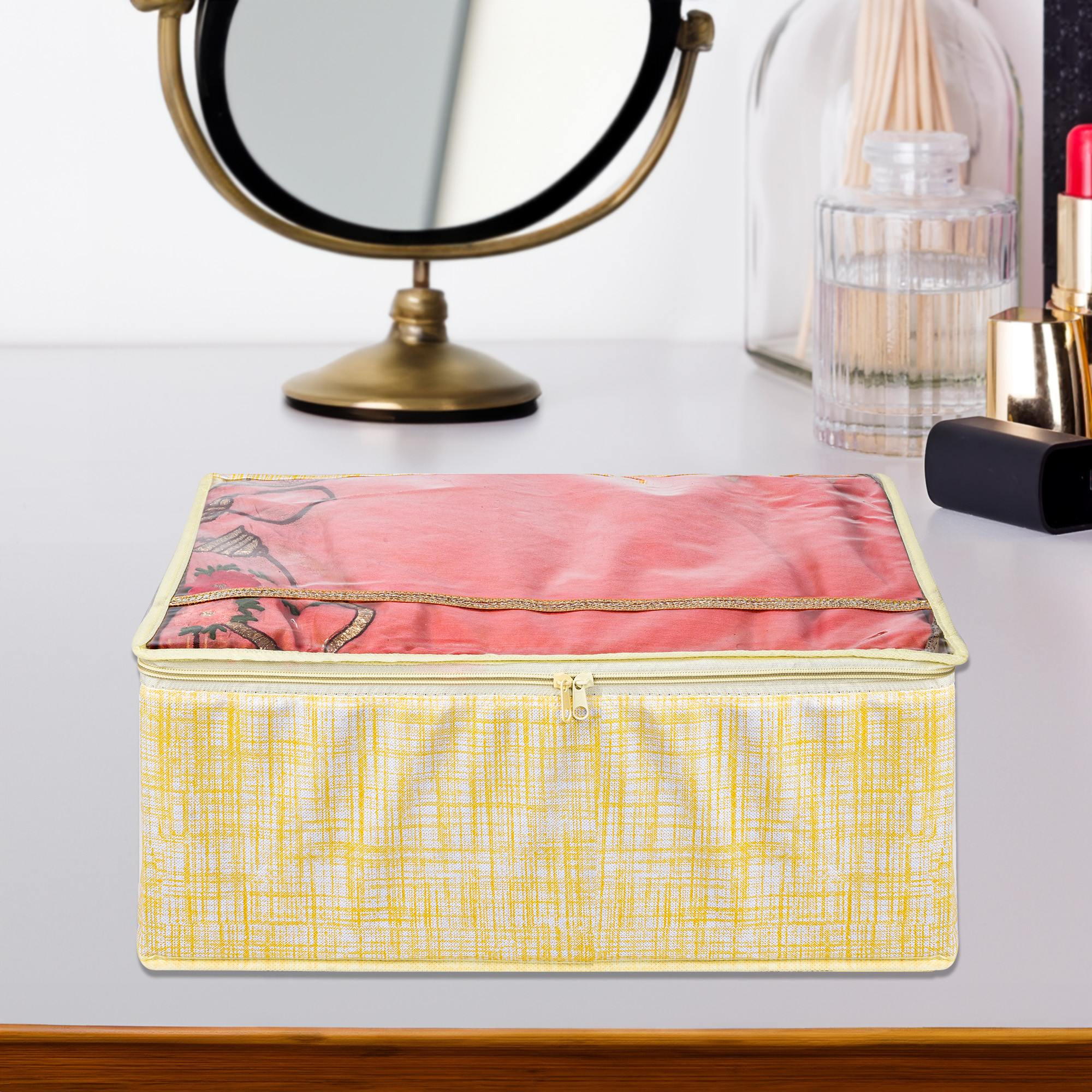 Kuber Industries Saree Storage Bag  Clothes Storage Bag  Wardrobe Storage Bag  Cloth Storage Organizer  Top Visible Window Saree Bag  Jute-Printed  9 Inch  Pack of 3  Yellow