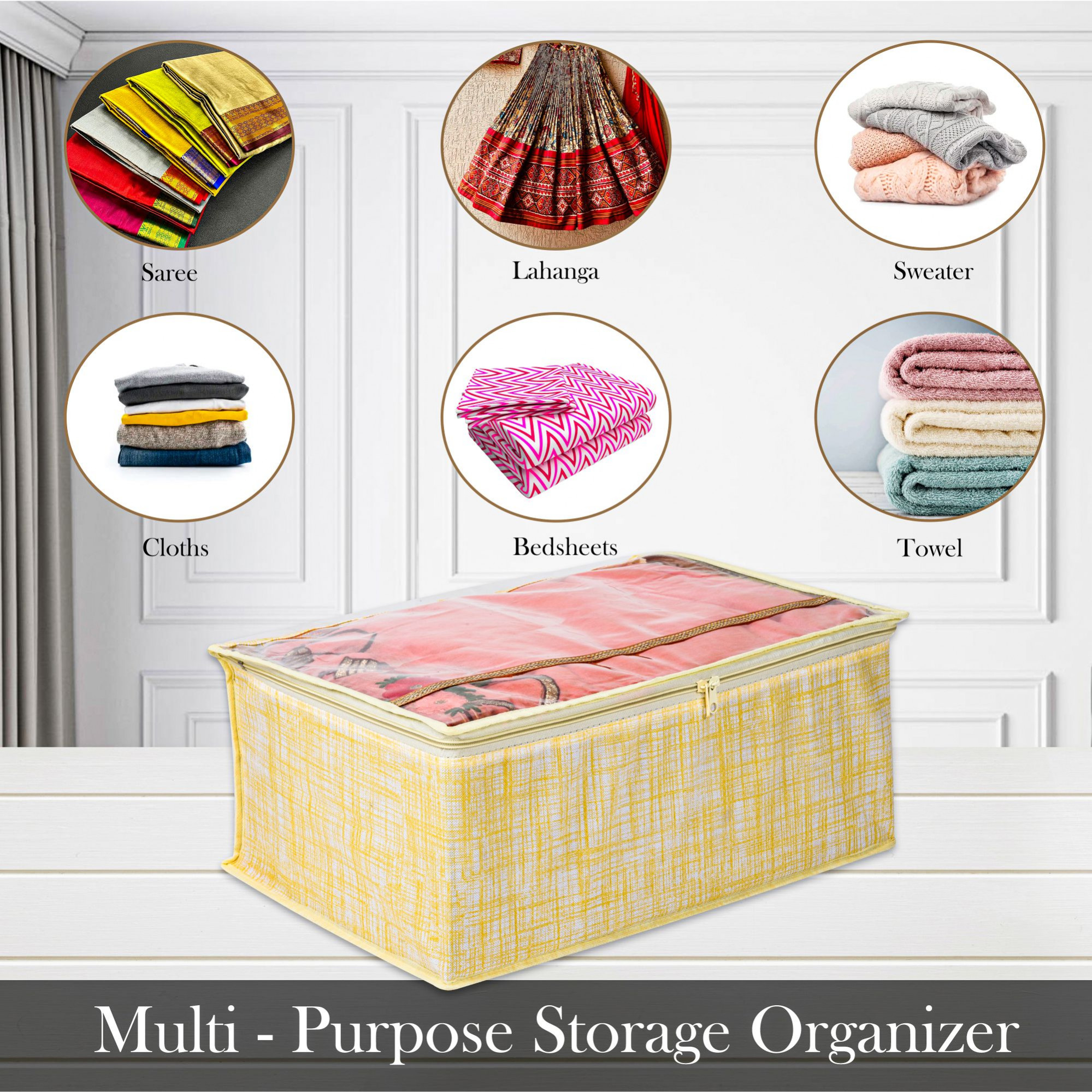 Kuber Industries Saree Storage Bag  Clothes Storage Bag  Wardrobe Storage Bag  Cloth Storage Organizer  Top Visible Window Saree Bag  Jute-Printed  9 Inch  Pack of 3  Yellow