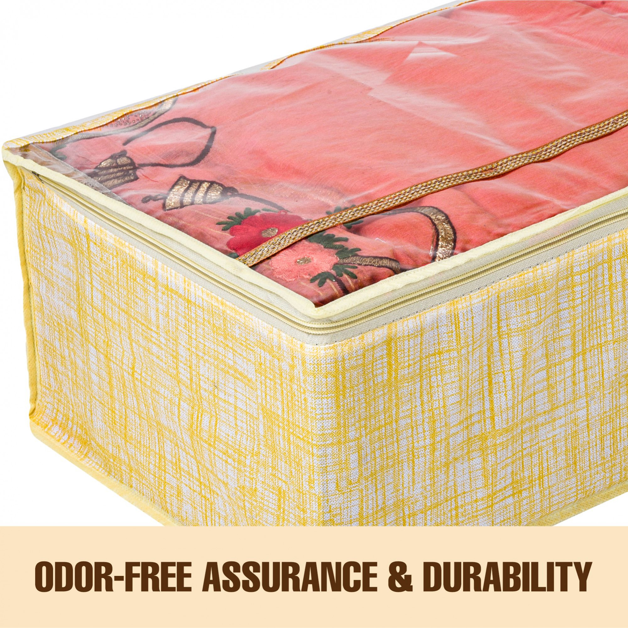 Kuber Industries Saree Storage Bag  Clothes Storage Bag  Wardrobe Storage Bag  Cloth Storage Organizer  Top Visible Window Saree Bag  Jute-Printed  9 Inch  Pack of 3  Yellow