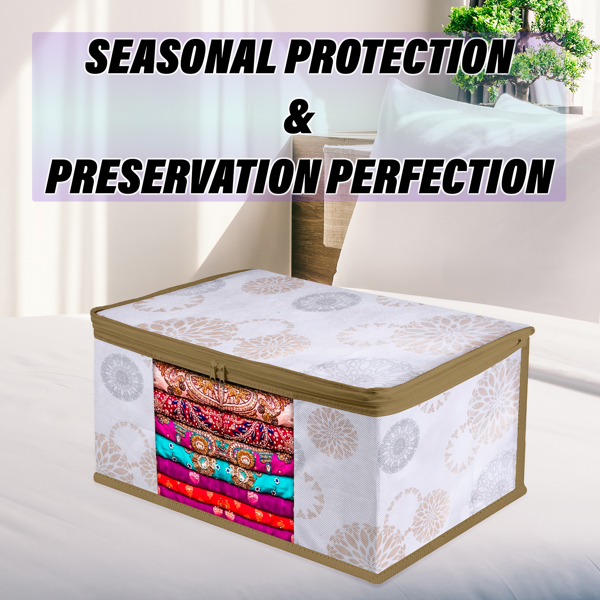 Kuber Industries Saree Storage Bag  Clothes Storage Bag  Wardrobe Storage Bag  Cloth Storage Organizer  Visible Window Saree Bag  Gola-Design  9 Inch  Pack of 3  White