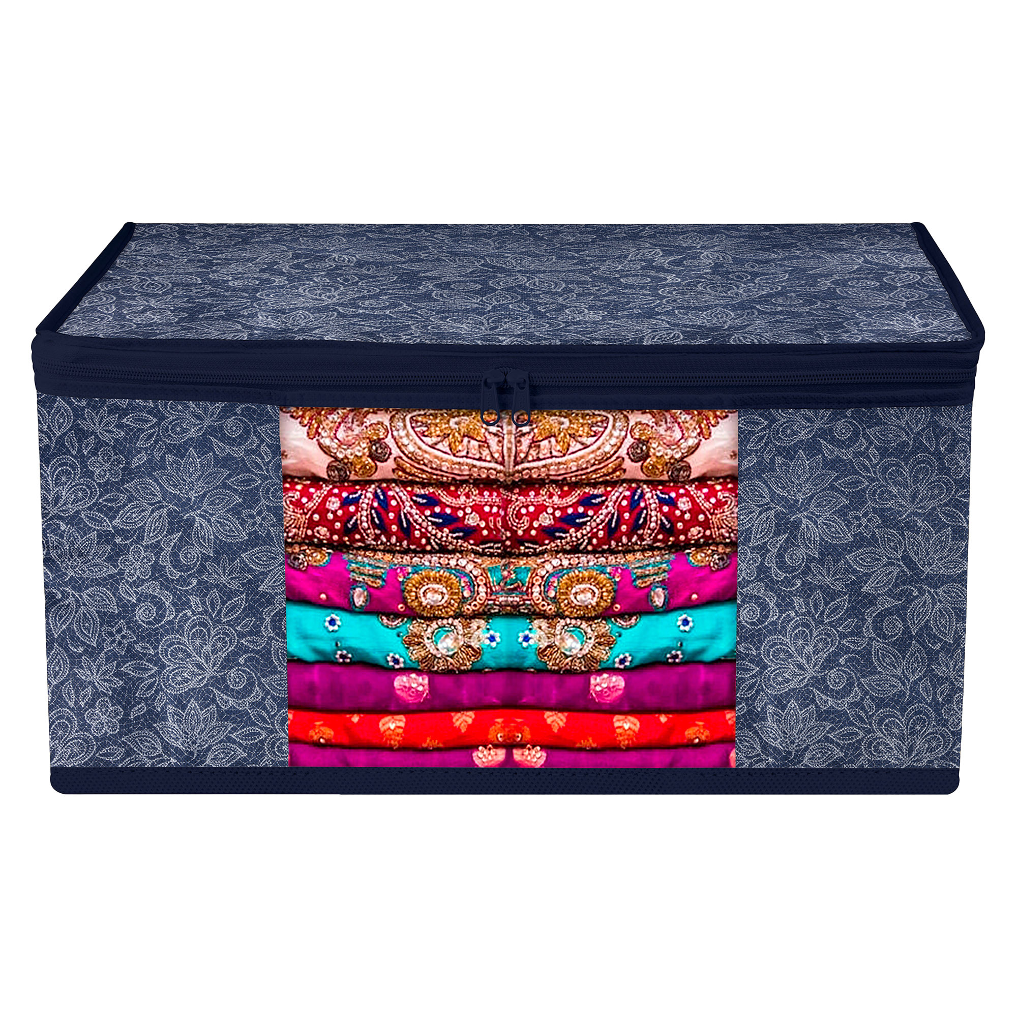 Kuber Industries Saree Storage Bag  Clothes Storage Bag  Wardrobe Storage Bag  Cloth Storage Organizer  Visible Window Saree Bag  Flower Printed  9 Inch  Pack of 3  Navy Blue