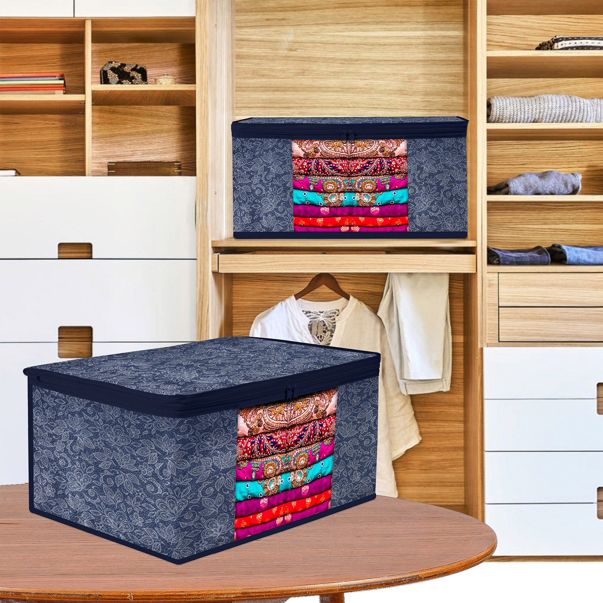 Kuber Industries Saree Storage Bag  Clothes Storage Bag  Wardrobe Storage Bag  Cloth Storage Organizer  Visible Window Saree Bag  Flower Printed  9 Inch  Pack of 3  Navy Blue