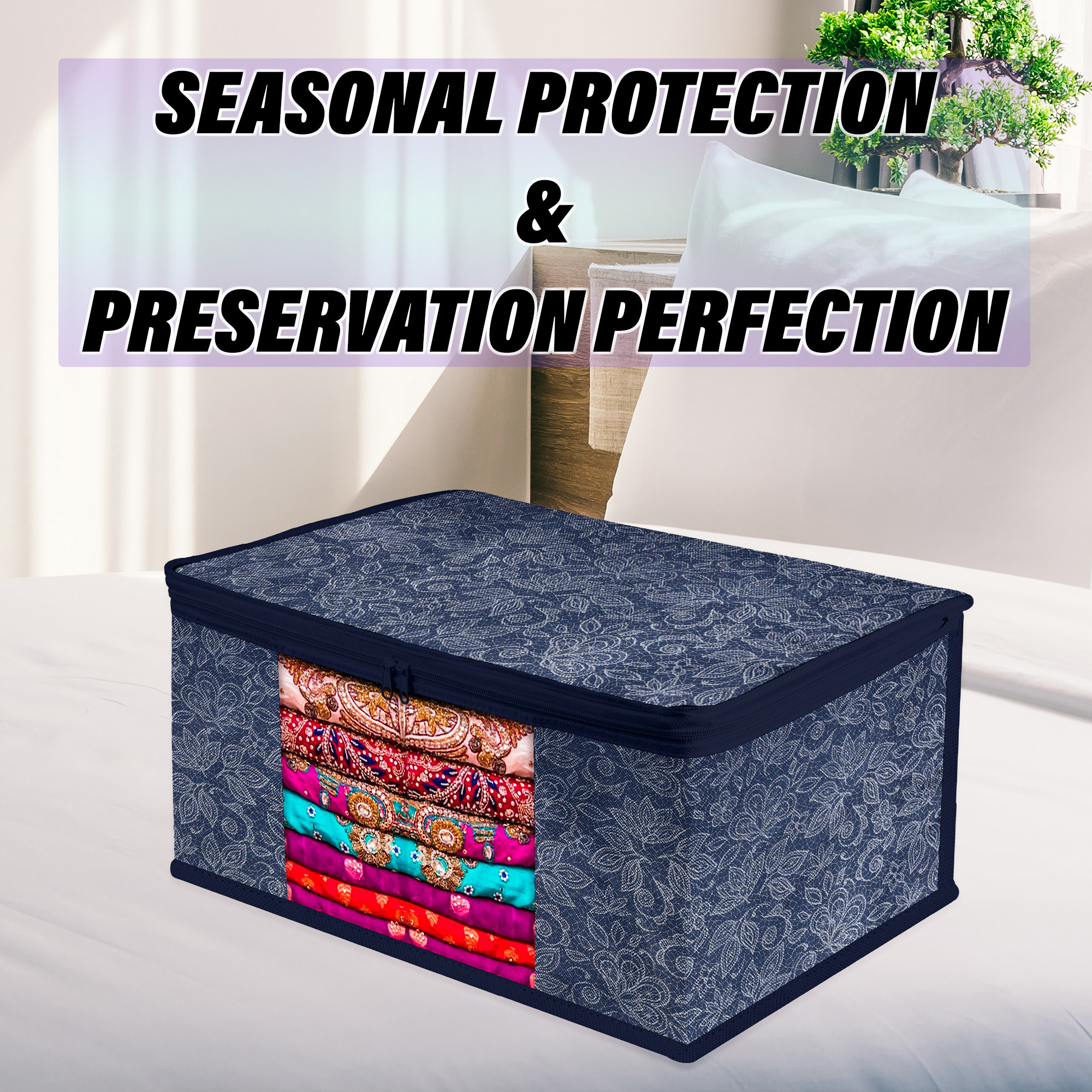 Kuber Industries Saree Storage Bag  Clothes Storage Bag  Wardrobe Storage Bag  Cloth Storage Organizer  Visible Window Saree Bag  Flower Printed  9 Inch  Pack of 3  Navy Blue