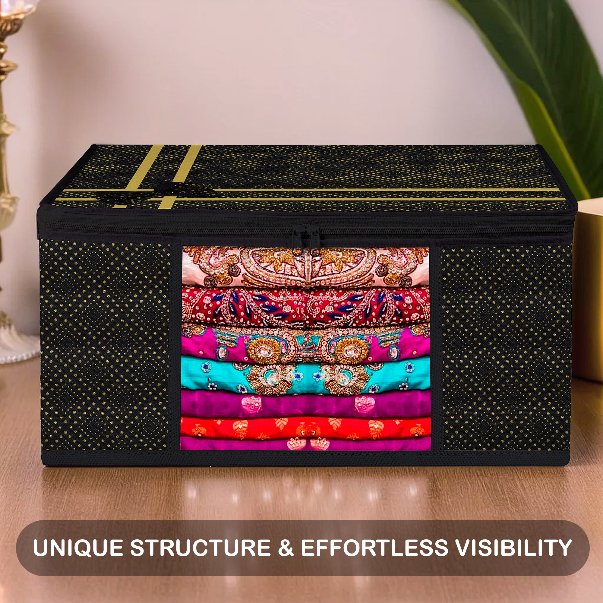 Kuber Industries Saree Storage Bag  Clothes Storage Bag  Wardrobe Storage Bag  Cloth Storage Organizer  Visible Window Saree Bag  Golden Dot  9 Inch  Pack of 3  Black