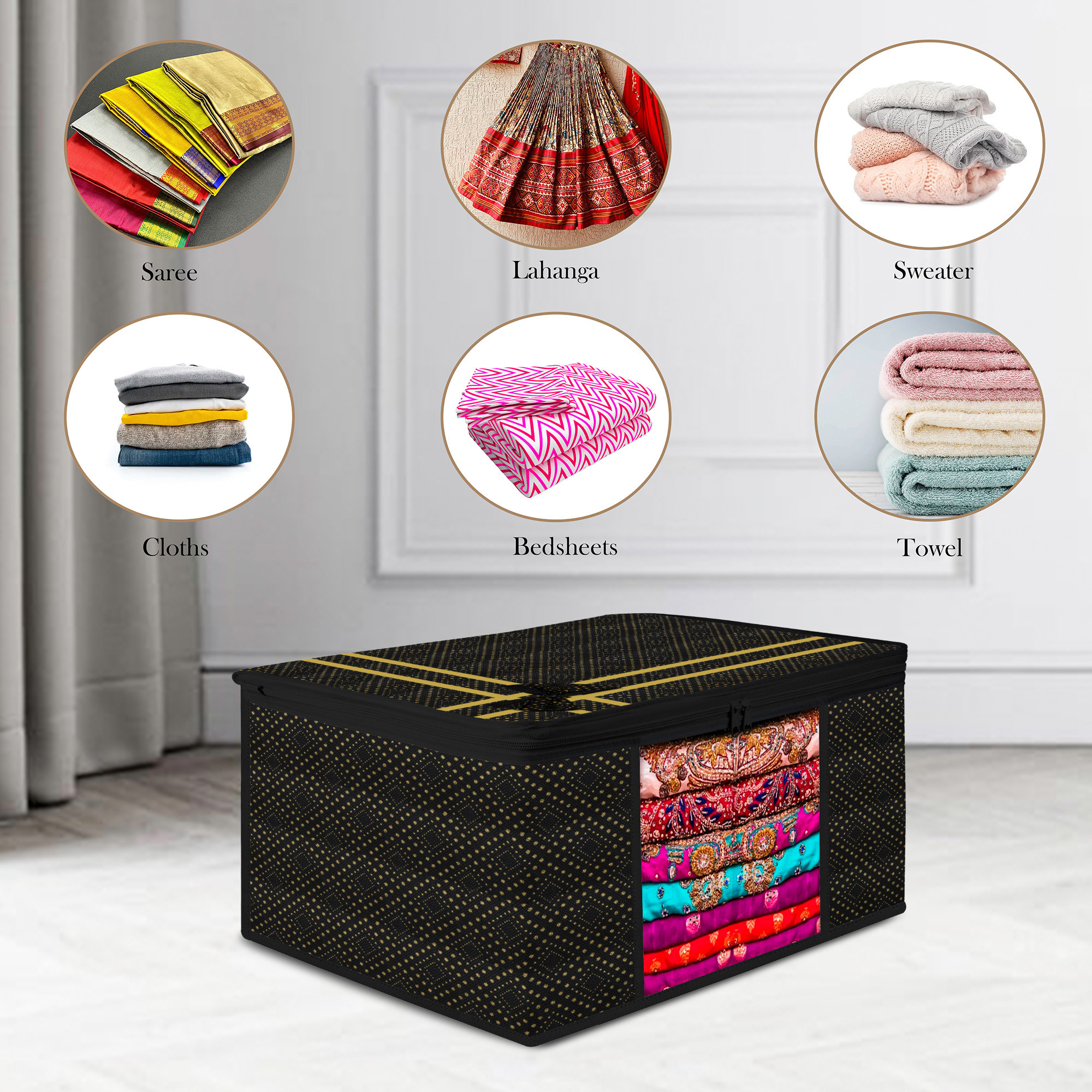 Kuber Industries Saree Storage Bag  Clothes Storage Bag  Wardrobe Storage Bag  Cloth Storage Organizer  Visible Window Saree Bag  Golden Dot  9 Inch  Pack of 3  Black