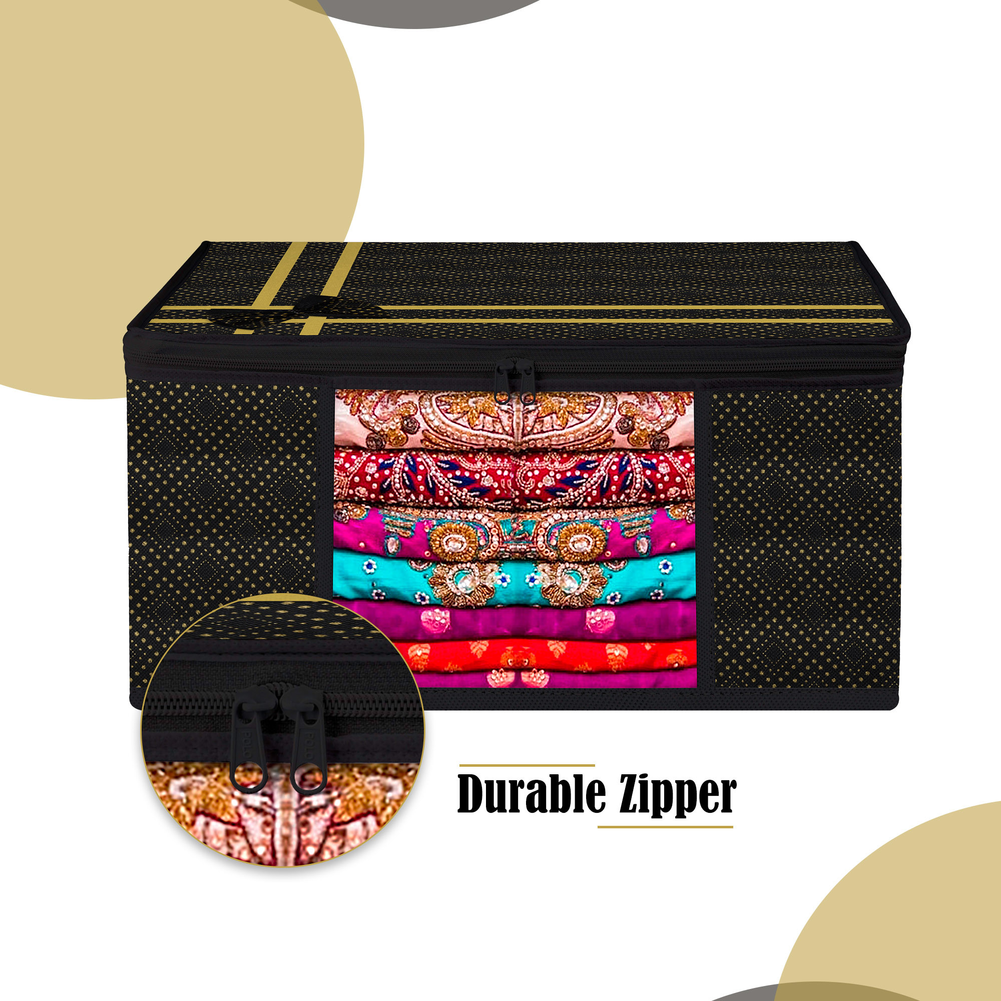 Kuber Industries Saree Storage Bag  Clothes Storage Bag  Wardrobe Storage Bag  Cloth Storage Organizer  Visible Window Saree Bag  Golden Dot  9 Inch  Pack of 3  Black
