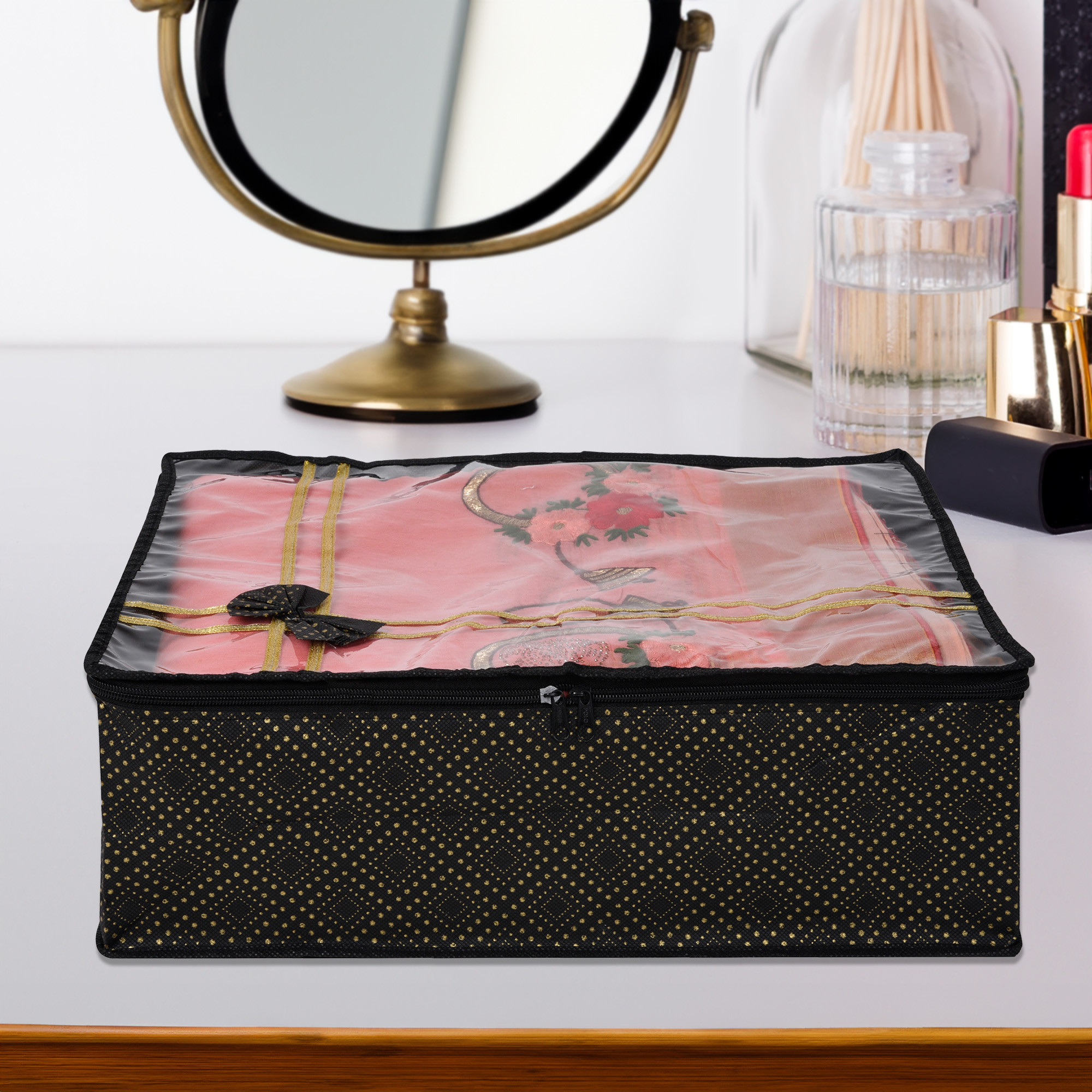 Kuber Industries Saree Storage Bag  Clothes Storage Bag  Wardrobe Storage Bag  Cloth Storage Organizer  Top Visible Window Saree Bag  Bow Golden Dot  6 Inch  Pack of 3  Black