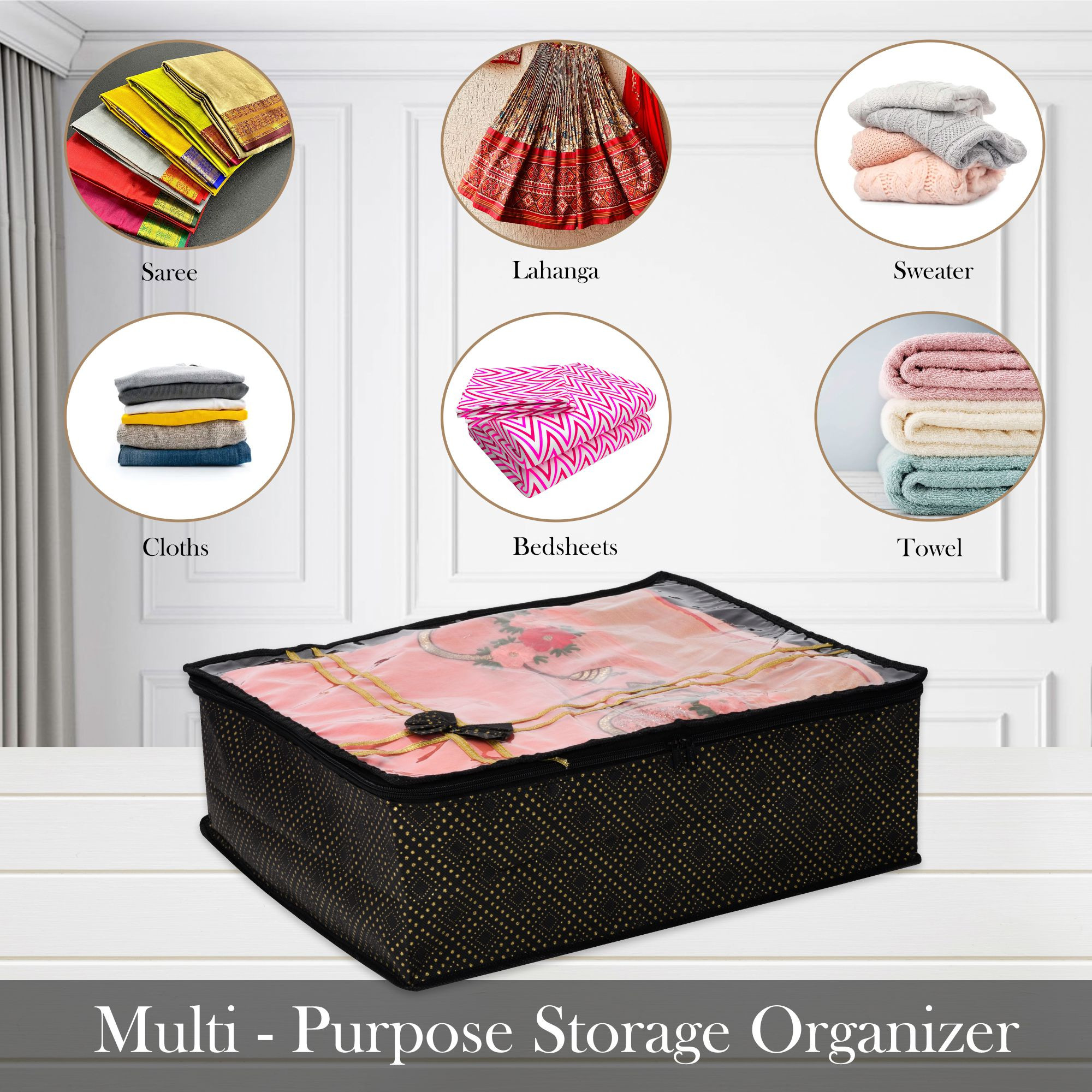 Kuber Industries Saree Storage Bag  Clothes Storage Bag  Wardrobe Storage Bag  Cloth Storage Organizer  Top Visible Window Saree Bag  Bow Golden Dot  6 Inch  Pack of 3  Black