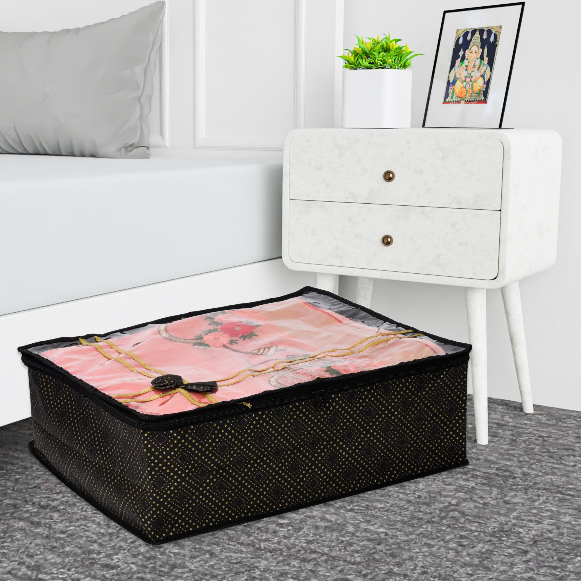 Kuber Industries Saree Storage Bag  Clothes Storage Bag  Wardrobe Storage Bag  Cloth Storage Organizer  Top Visible Window Saree Bag  Bow Golden Dot  6 Inch  Pack of 3  Black