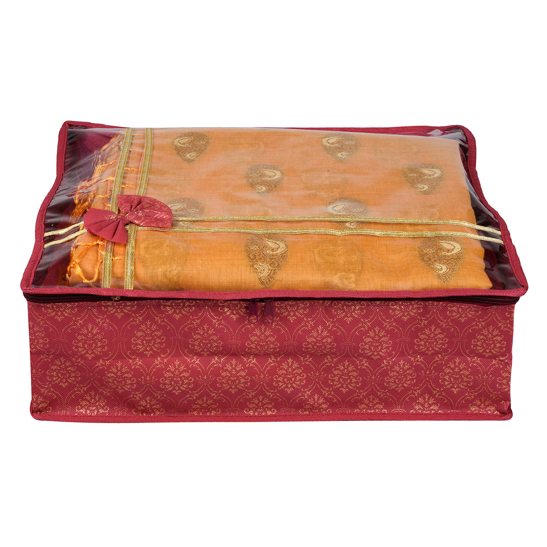 Kuber Industries Saree Storage Bag  Clothes Storage Bag  Wardrobe Storage Bag  Cloth Storage Organizer  Top Visible Window Saree Bag  Bow Golden Printed  6 Inch  Pack of 3  Maroon