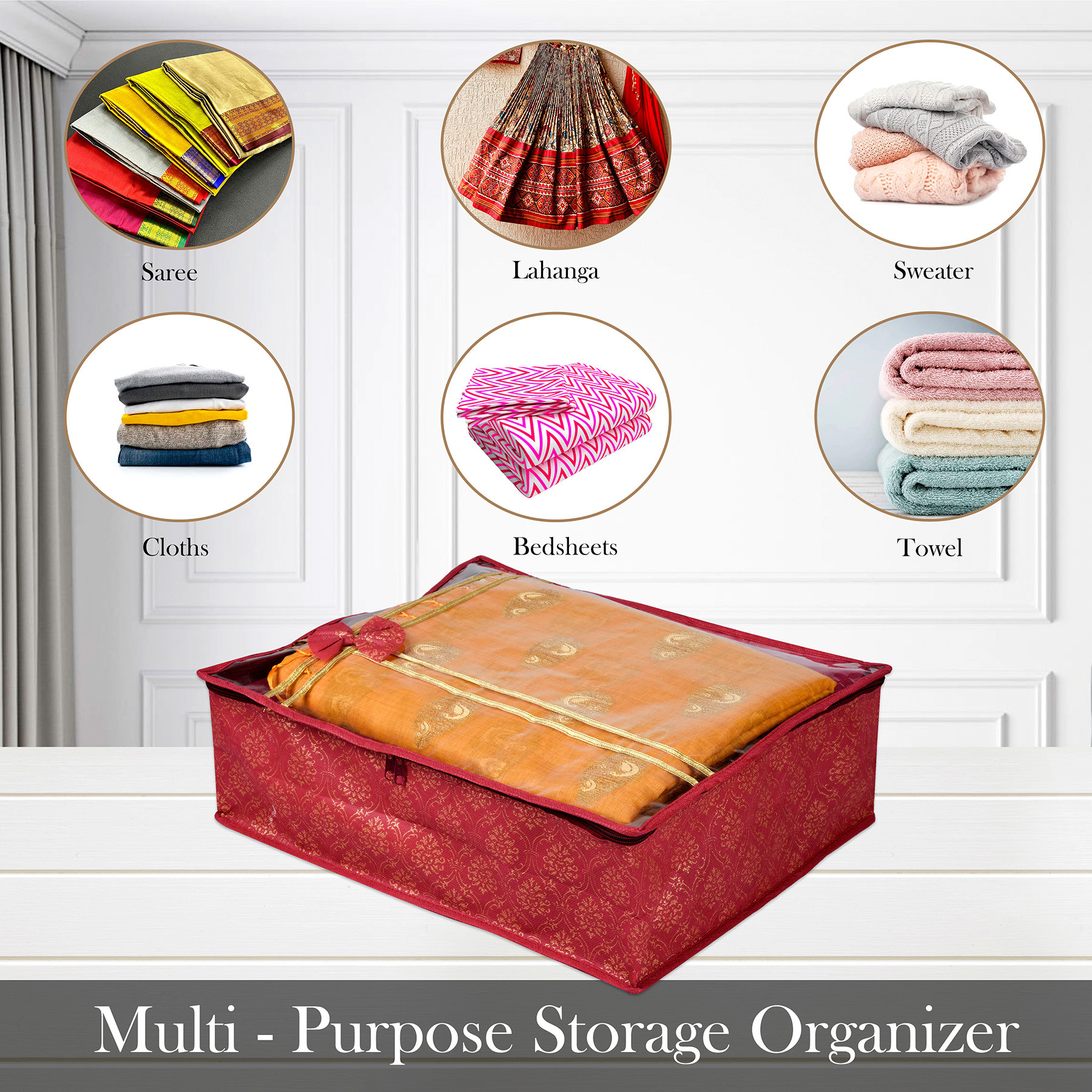 Kuber Industries Saree Storage Bag  Clothes Storage Bag  Wardrobe Storage Bag  Cloth Storage Organizer  Top Visible Window Saree Bag  Bow Golden Printed  6 Inch  Pack of 3  Maroon