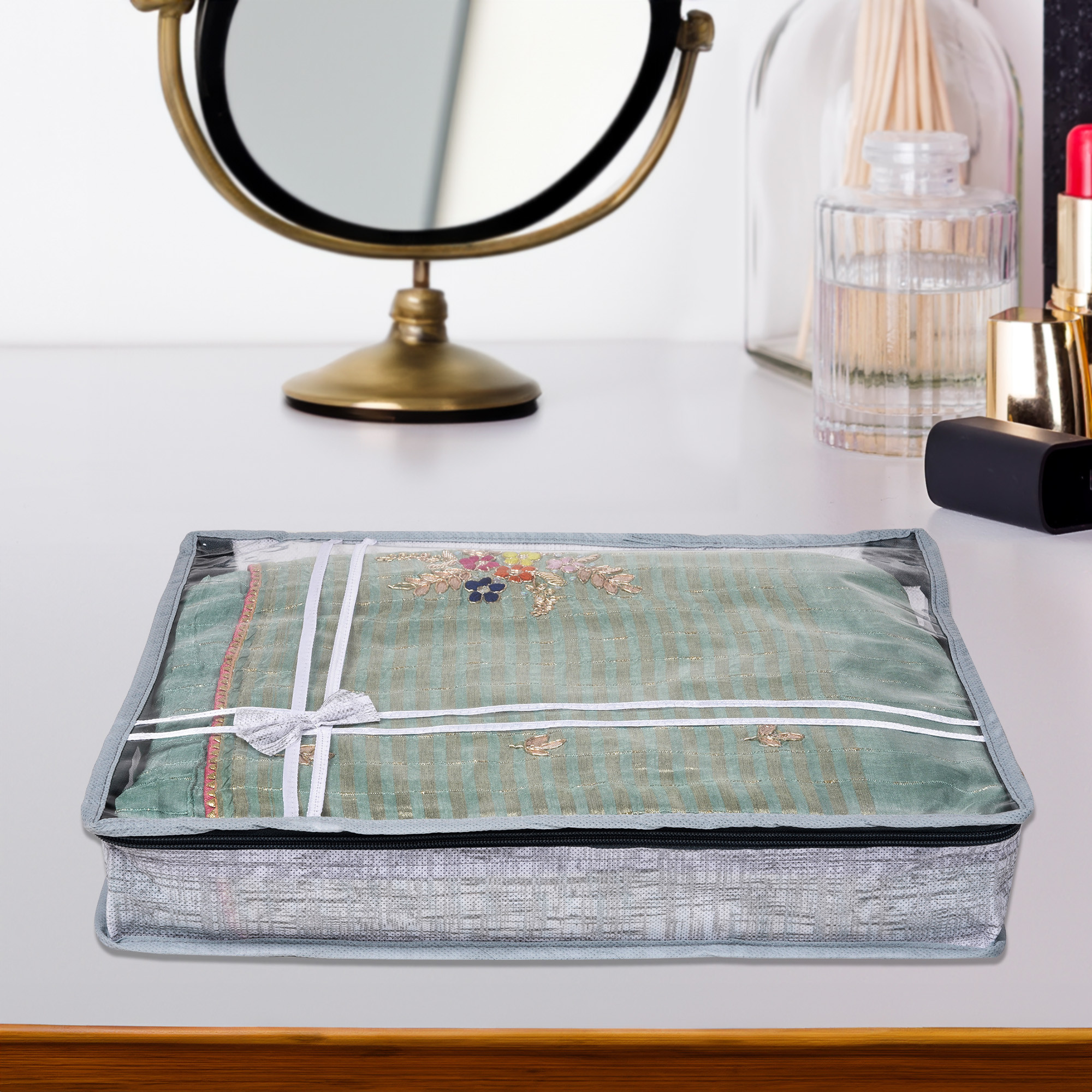 Kuber Industries Saree Storage Bag  Clothes Storage Bag  Wardrobe Storage Bag  Cloth Storage Organizer  Top Visible Window Saree Bag  Bow Jute-Printed  3 Inch  Pack of 3  Gray