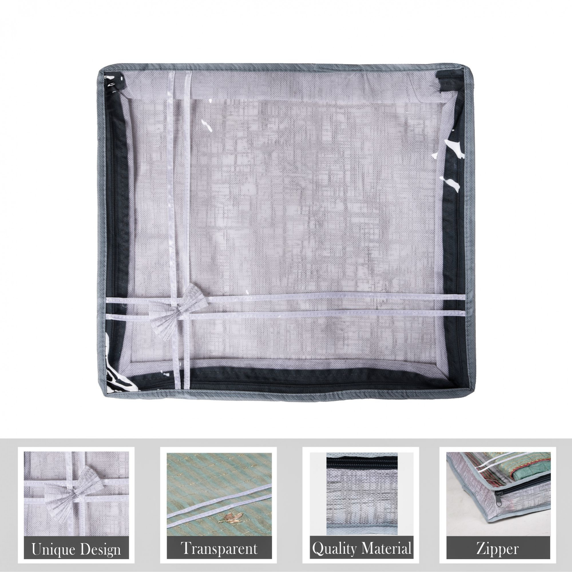 Kuber Industries Saree Storage Bag  Clothes Storage Bag  Wardrobe Storage Bag  Cloth Storage Organizer  Top Visible Window Saree Bag  Bow Jute-Printed  3 Inch  Pack of 3  Gray