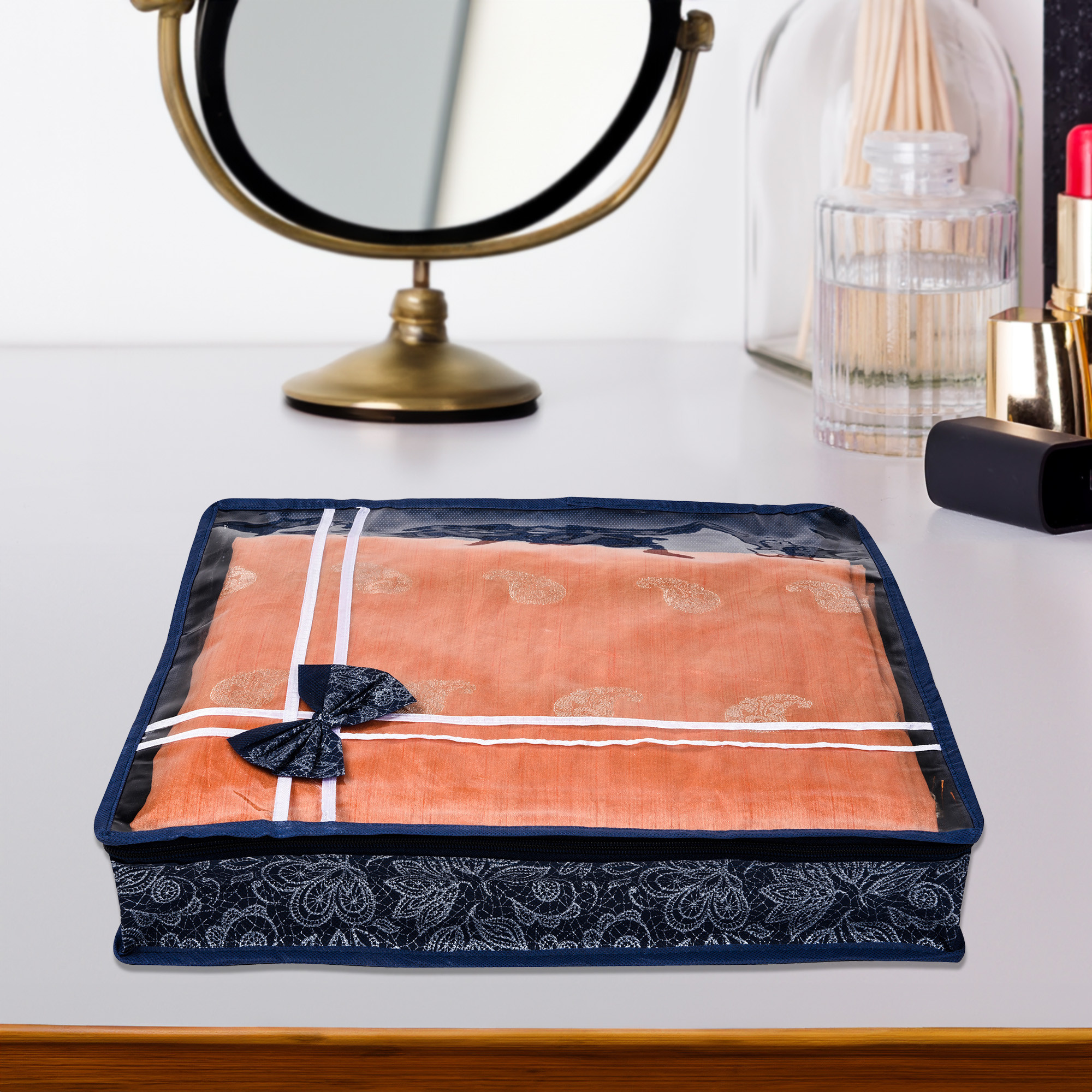 Kuber Industries Saree Storage Bag  Clothes Storage Bag  Wardrobe Storage Bag  Cloth Storage Organizer  Top Visible Window Saree Bag  Bow Flower-Printed  3 Inch  Pack of 3  Navy Blue