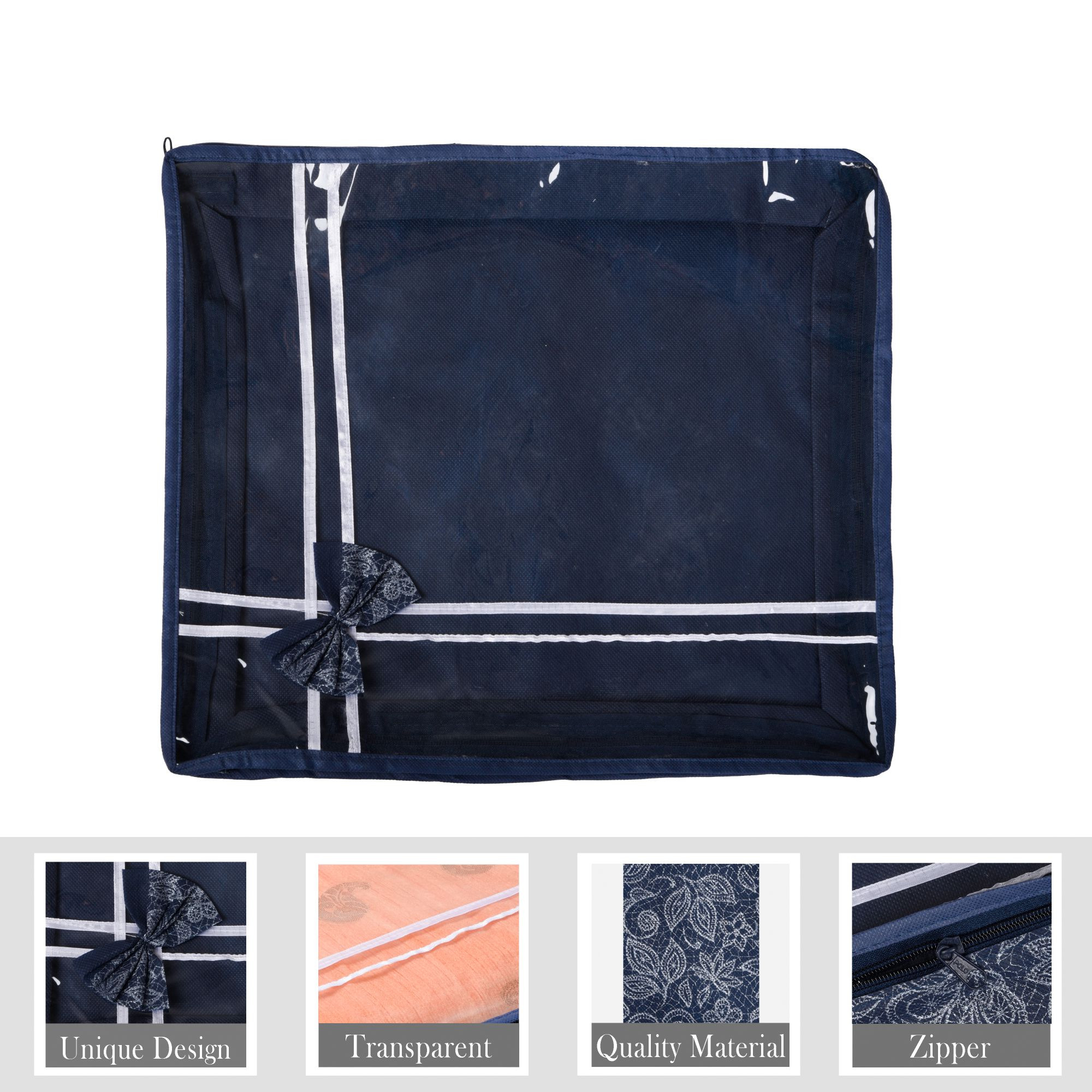 Kuber Industries Saree Storage Bag  Clothes Storage Bag  Wardrobe Storage Bag  Cloth Storage Organizer  Top Visible Window Saree Bag  Bow Flower-Printed  3 Inch  Pack of 3  Navy Blue