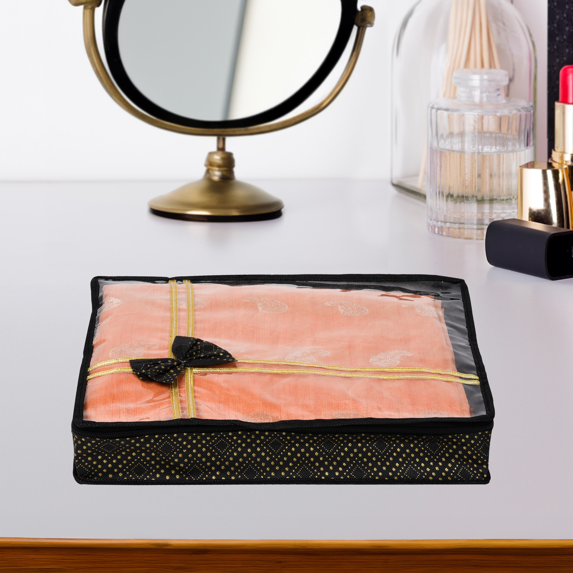 Kuber Industries Saree Storage Bag  Clothes Storage Bag  Wardrobe Storage Bag  Cloth Storage Organizer  Top Visible Window Saree Bag  Bow Golden Dot-Print  3 Inch  Pack of 3  Black