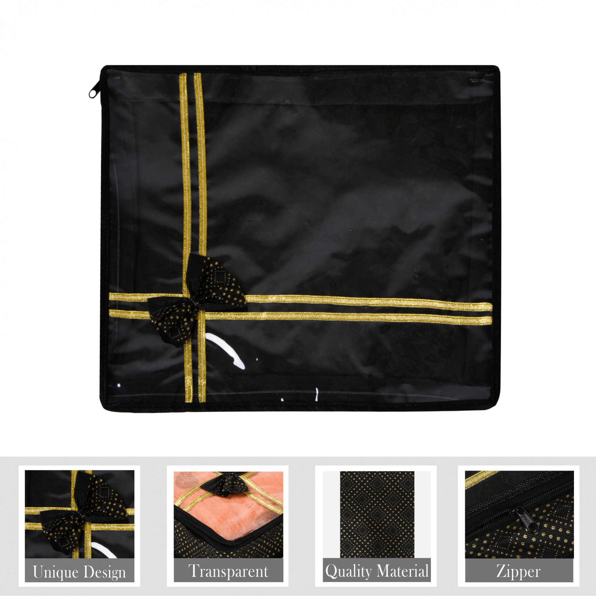 Kuber Industries Saree Storage Bag  Clothes Storage Bag  Wardrobe Storage Bag  Cloth Storage Organizer  Top Visible Window Saree Bag  Bow Golden Dot-Print  3 Inch  Pack of 3  Black