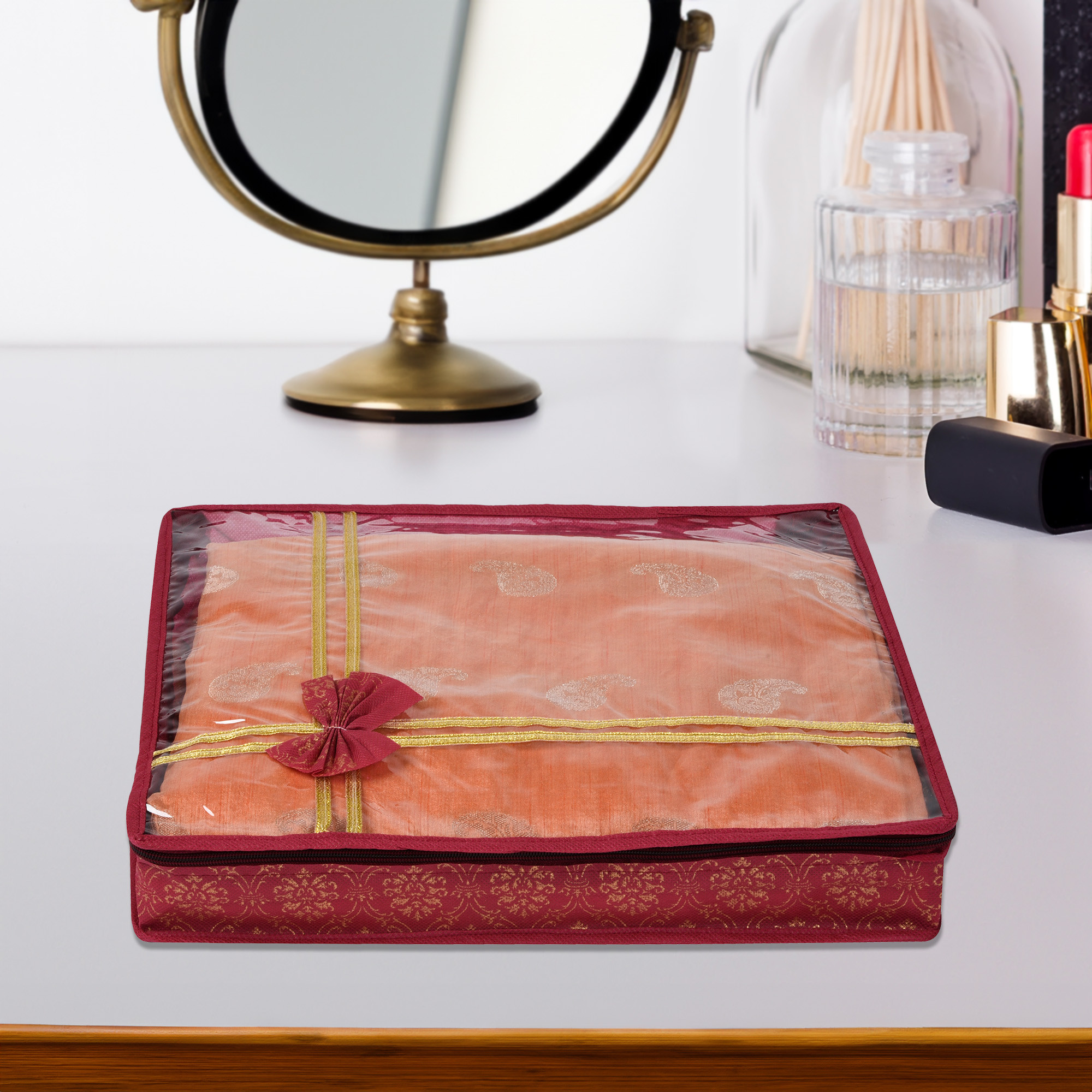 Kuber Industries Saree Storage Bag  Clothes Storage Bag  Wardrobe Storage Bag  Cloth Storage Organizer  Top Visible Window Saree Bag  Bow Golden Printed  3 Inch  Pack of 3  Maroon