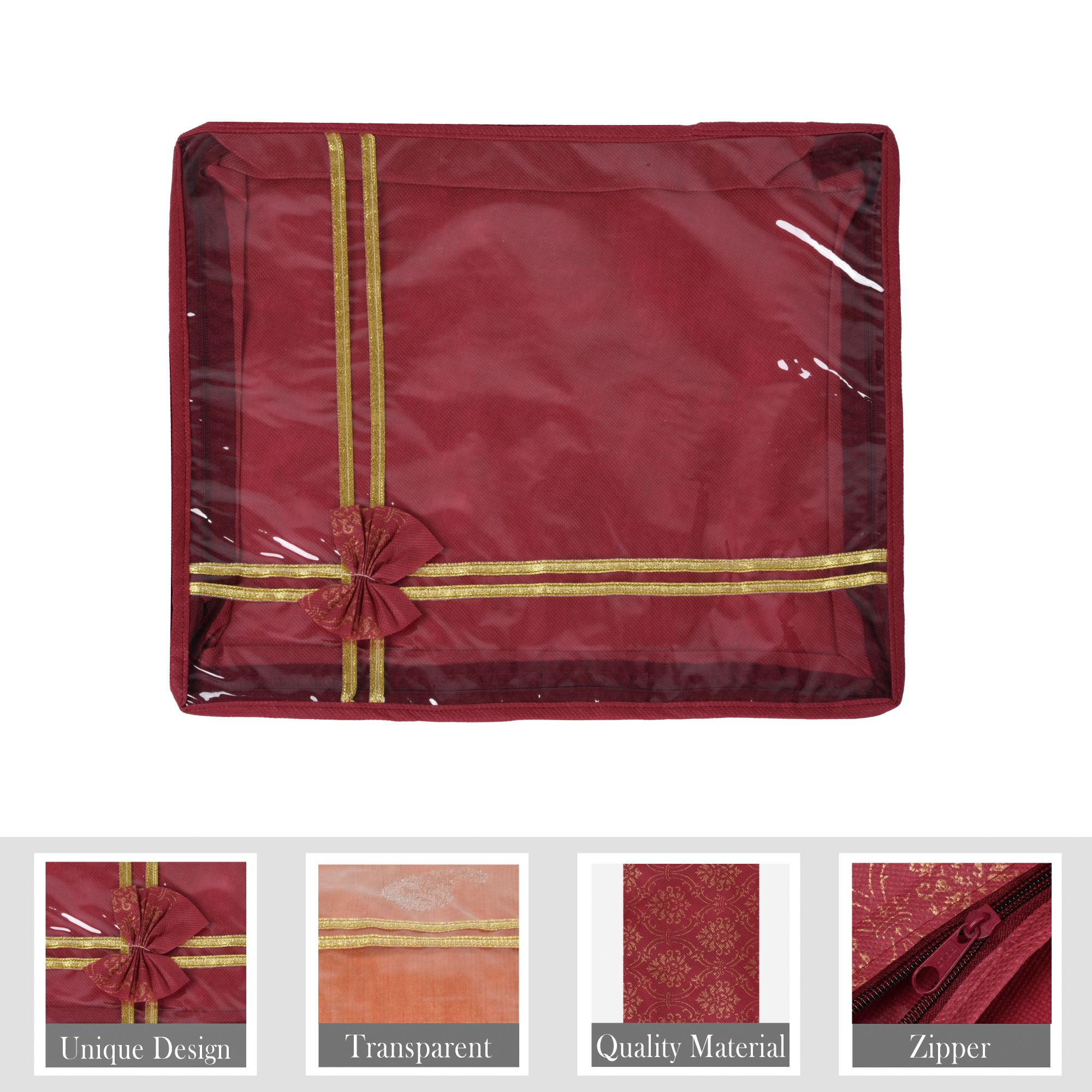 Kuber Industries Saree Storage Bag  Clothes Storage Bag  Wardrobe Storage Bag  Cloth Storage Organizer  Top Visible Window Saree Bag  Bow Golden Printed  3 Inch  Pack of 3  Maroon