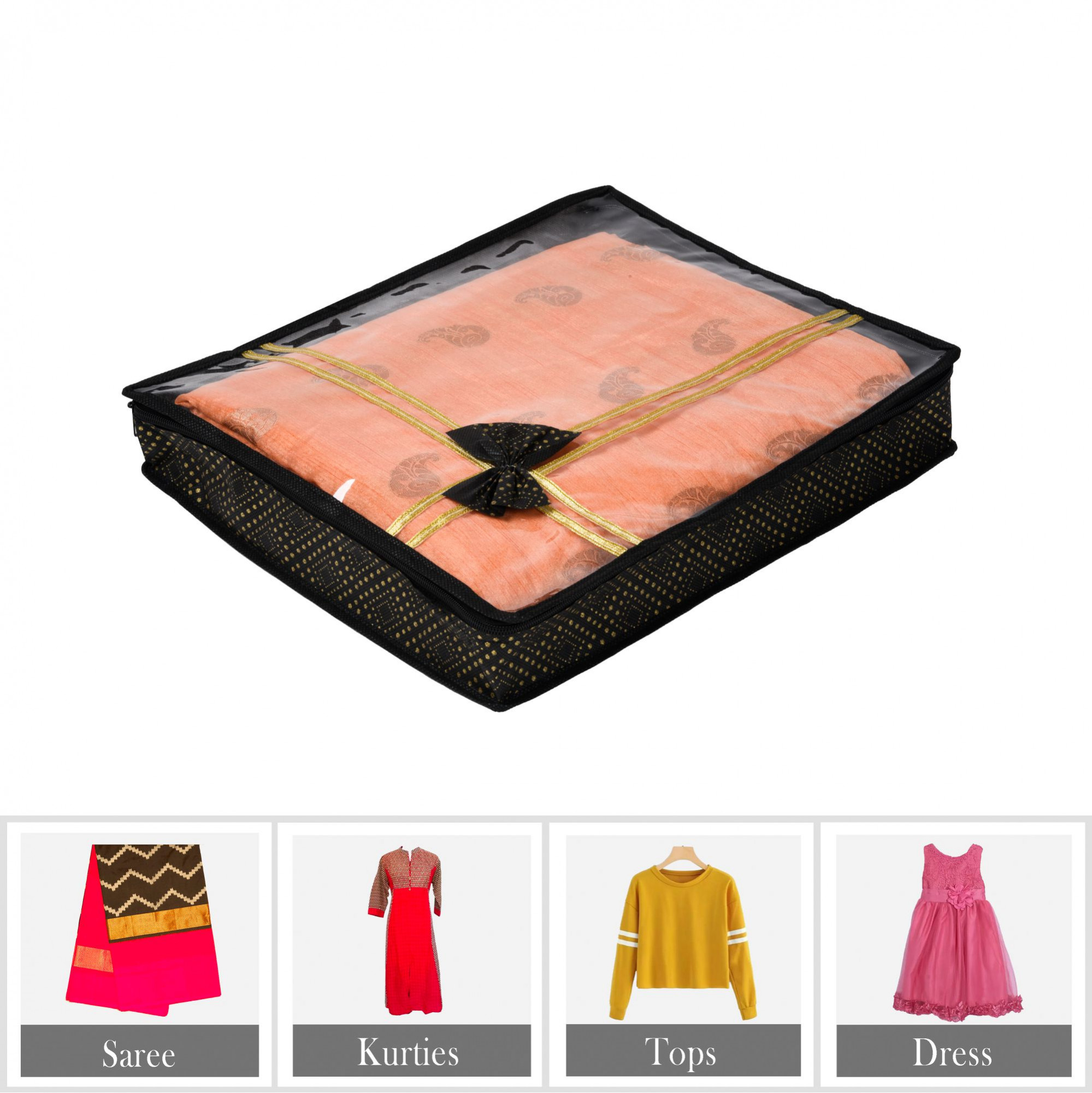 Kuber Industries Saree Storage Bag  Clothes Storage Bag  Wardrobe Storage Bag  Cloth Storage Organizer  Top Visible Window Saree Bag  Bow Golden Dot-Print  3 Inch  Pack of 3  Black