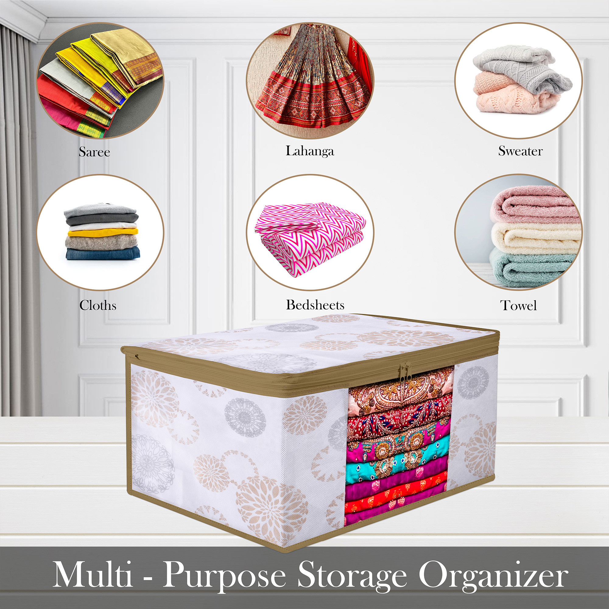 Kuber Industries Saree Storage Bag  Clothes Storage Bag  Wardrobe Storage Bag  Cloth Storage Organizer  Visible Window Saree Bag  Gola-Design  9 Inch  Pack of 3  White