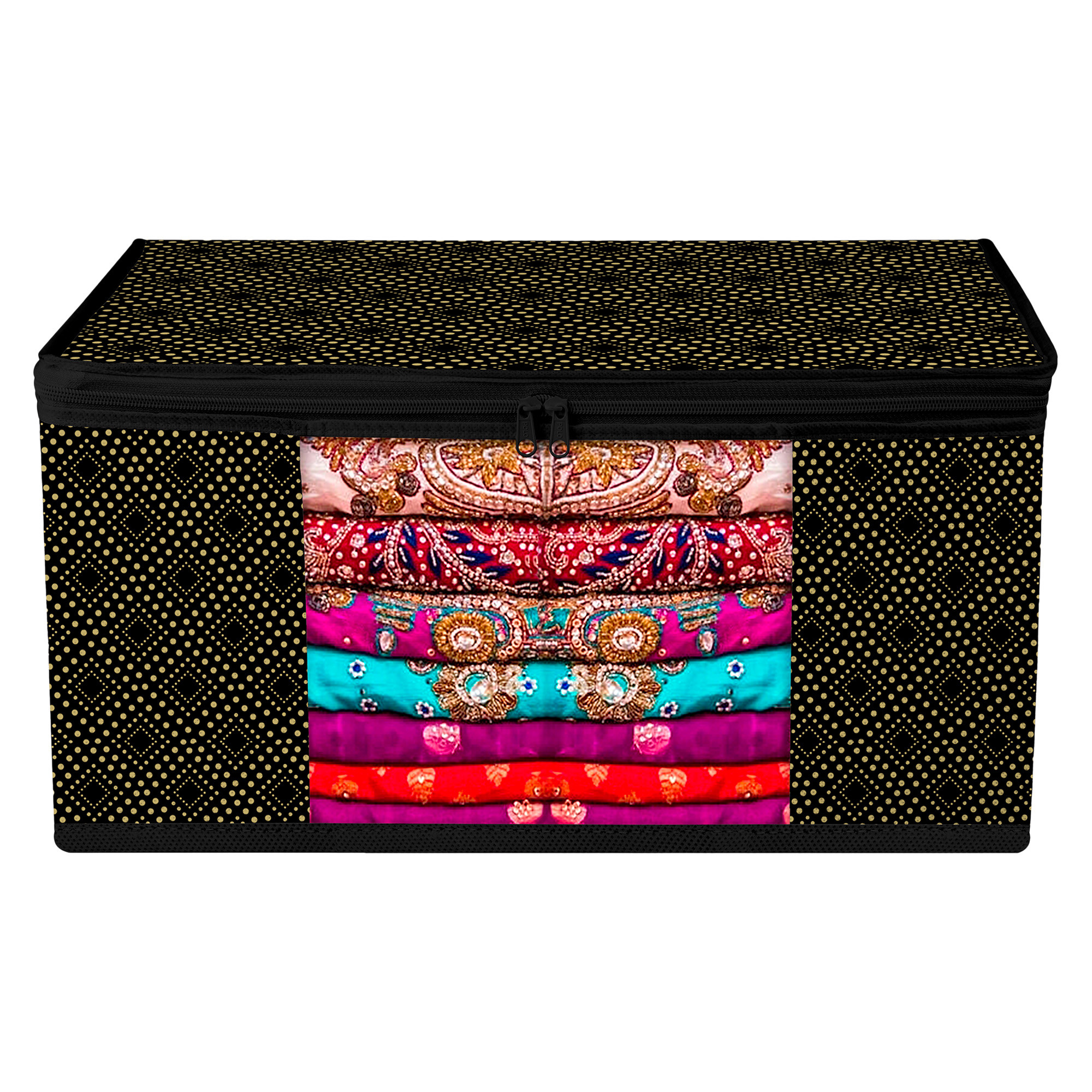 Kuber Industries Saree Storage Bag | Clothes Storage Bag | Wardrobe Storage Bag | Cloth Storage Organizer | Visible Window Saree Bag | Golden Dot | 9 Inch |Black