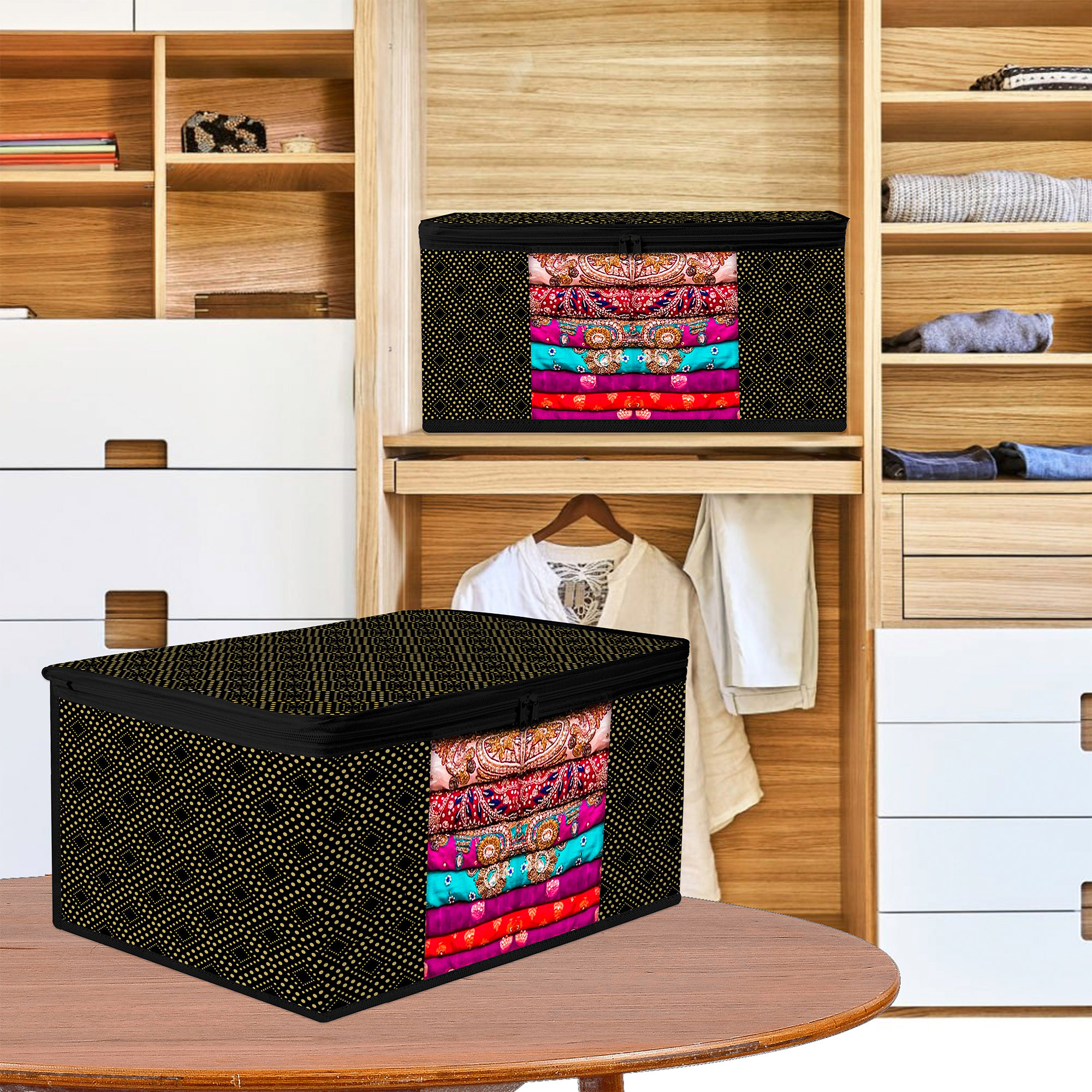 Kuber Industries Saree Storage Bag | Clothes Storage Bag | Wardrobe Storage Bag | Cloth Storage Organizer | Visible Window Saree Bag | Golden Dot | 9 Inch |Black