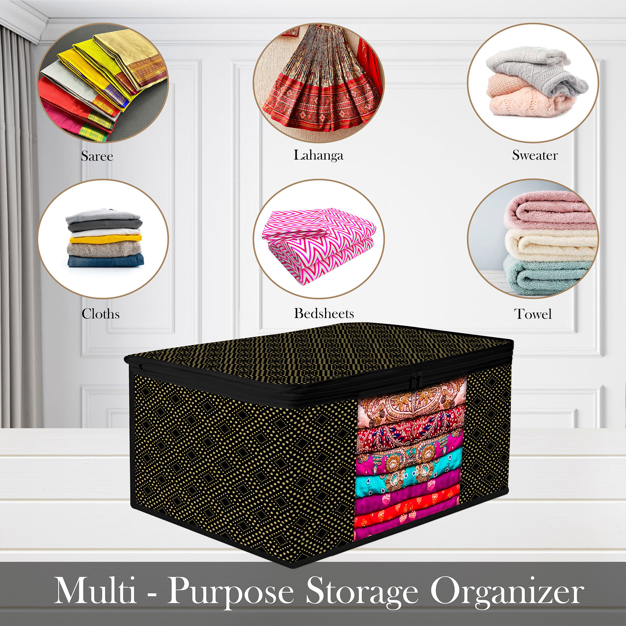 Kuber Industries Saree Storage Bag | Clothes Storage Bag | Wardrobe Storage Bag | Cloth Storage Organizer | Visible Window Saree Bag | Golden Dot | 9 Inch |Black