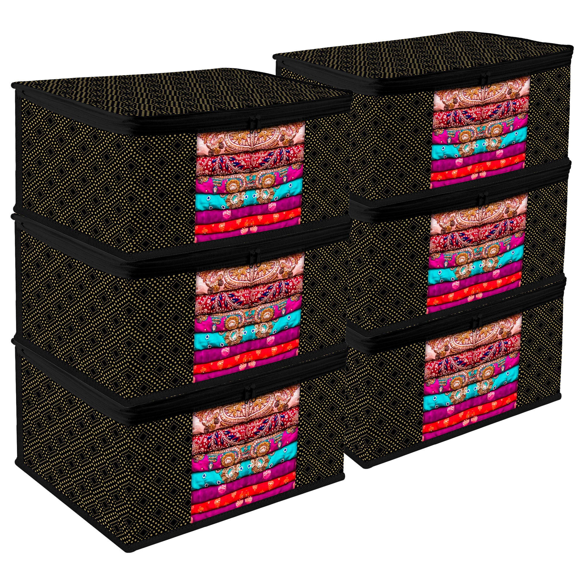 Kuber Industries Saree Storage Bag | Clothes Storage Bag | Wardrobe Storage Bag | Cloth Storage Organizer | Visible Window Saree Bag | Golden Dot | 9 Inch |Black