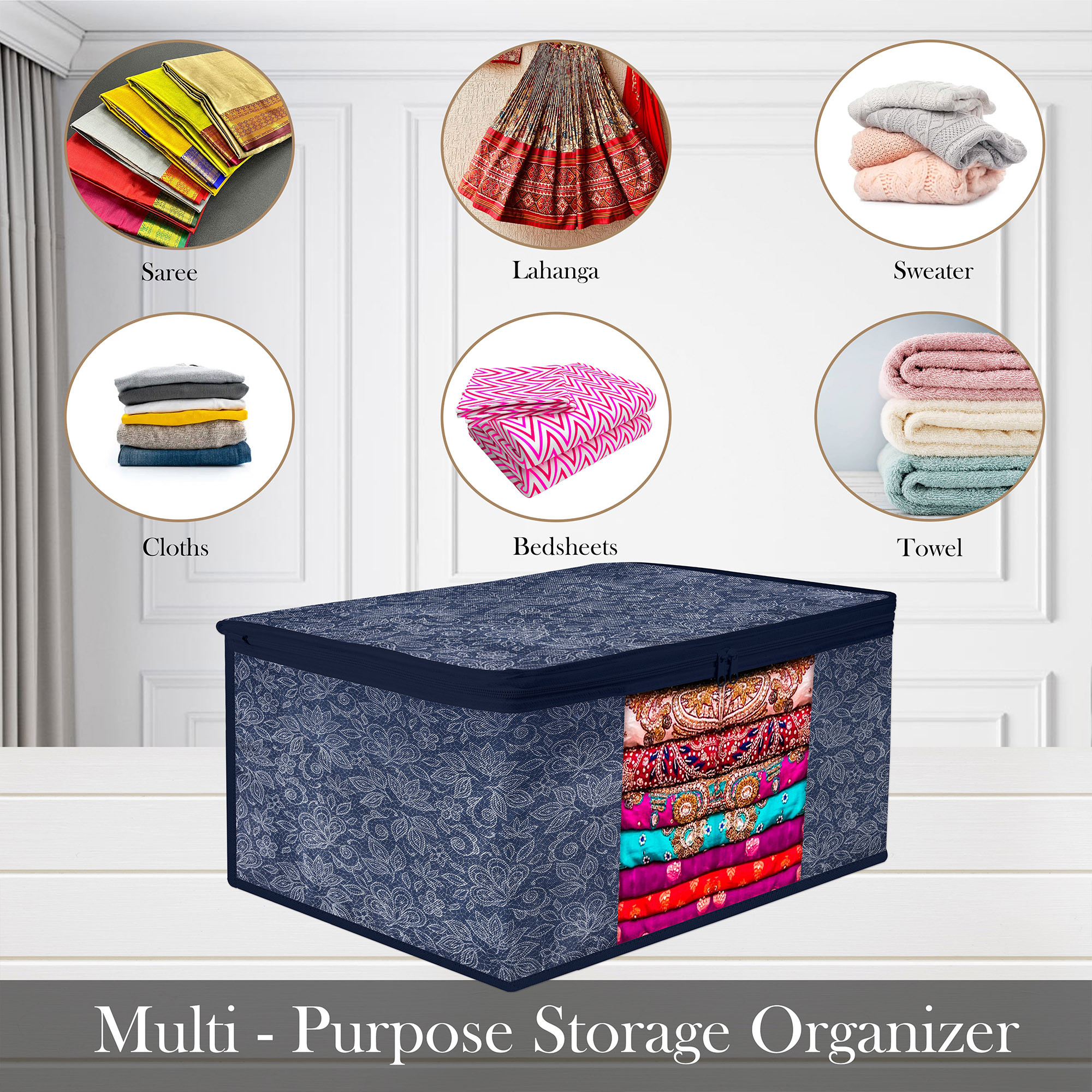 Kuber Industries Saree Storage Bag | Clothes Storage Bag | Wardrobe Storage Bag | Cloth Storage Organizer | Visible Window Saree Bag | Flower Printed | 9 Inch |Navy Blue