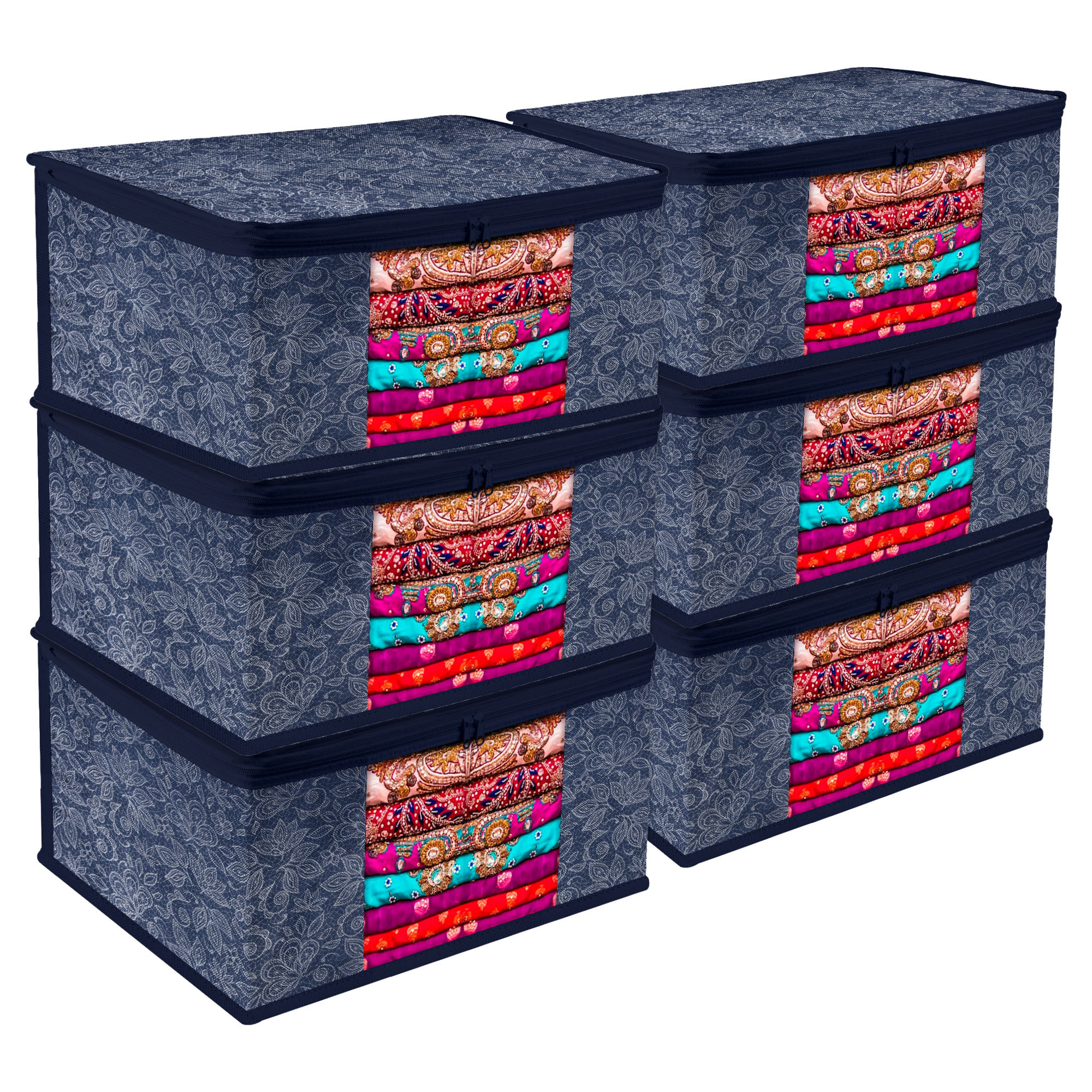 Kuber Industries Saree Storage Bag | Clothes Storage Bag | Wardrobe Storage Bag | Cloth Storage Organizer | Visible Window Saree Bag | Flower Printed | 9 Inch |Navy Blue