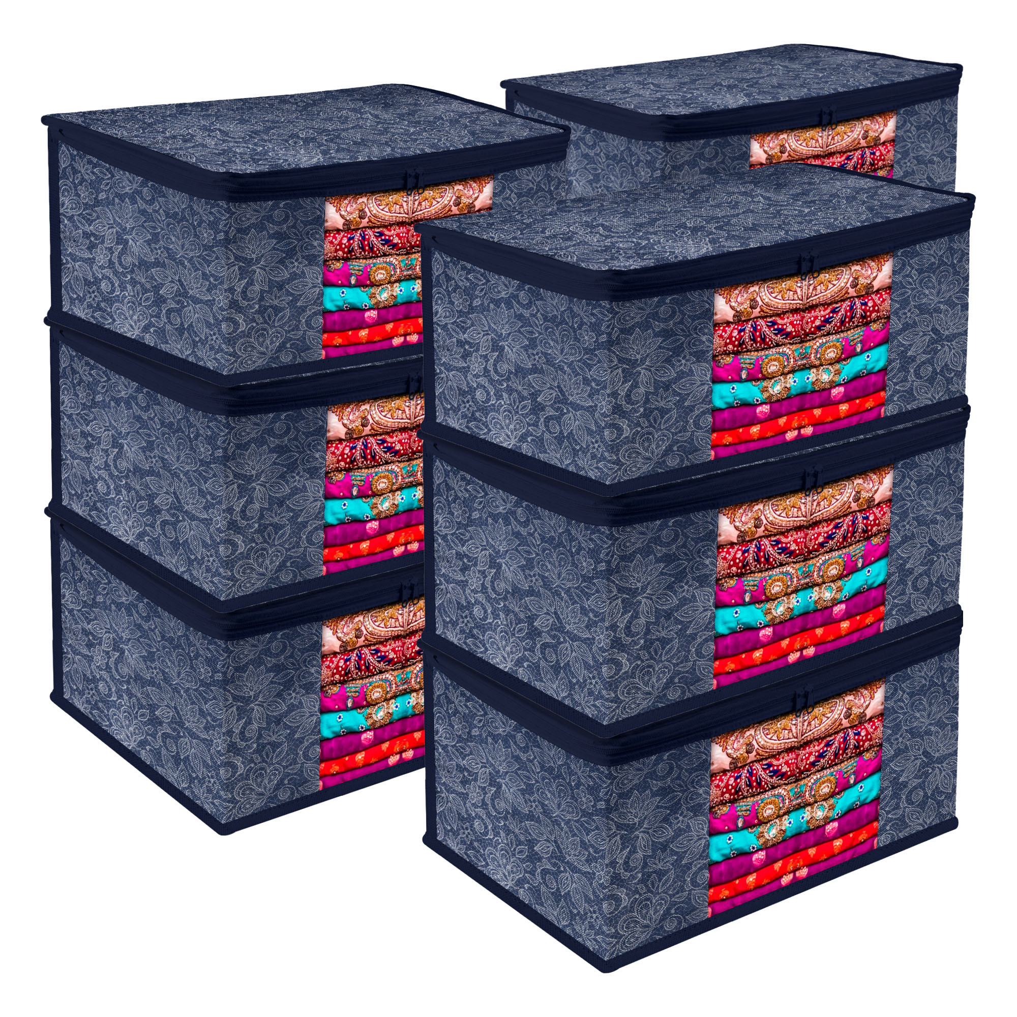Kuber Industries Saree Storage Bag | Clothes Storage Bag | Wardrobe Storage Bag | Cloth Storage Organizer | Visible Window Saree Bag | Flower Printed | 9 Inch |Navy Blue
