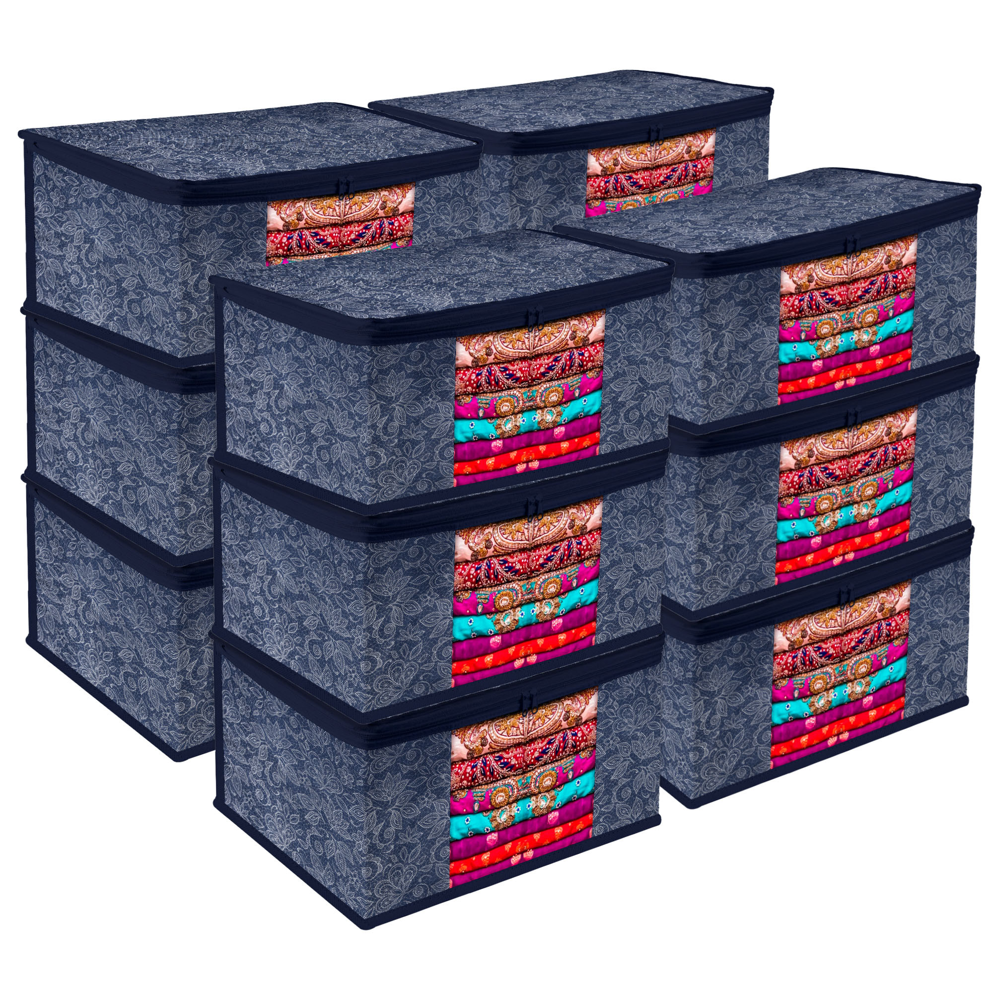 Kuber Industries Saree Storage Bag | Clothes Storage Bag | Wardrobe Storage Bag | Cloth Storage Organizer | Visible Window Saree Bag | Flower Printed | 9 Inch |Navy Blue