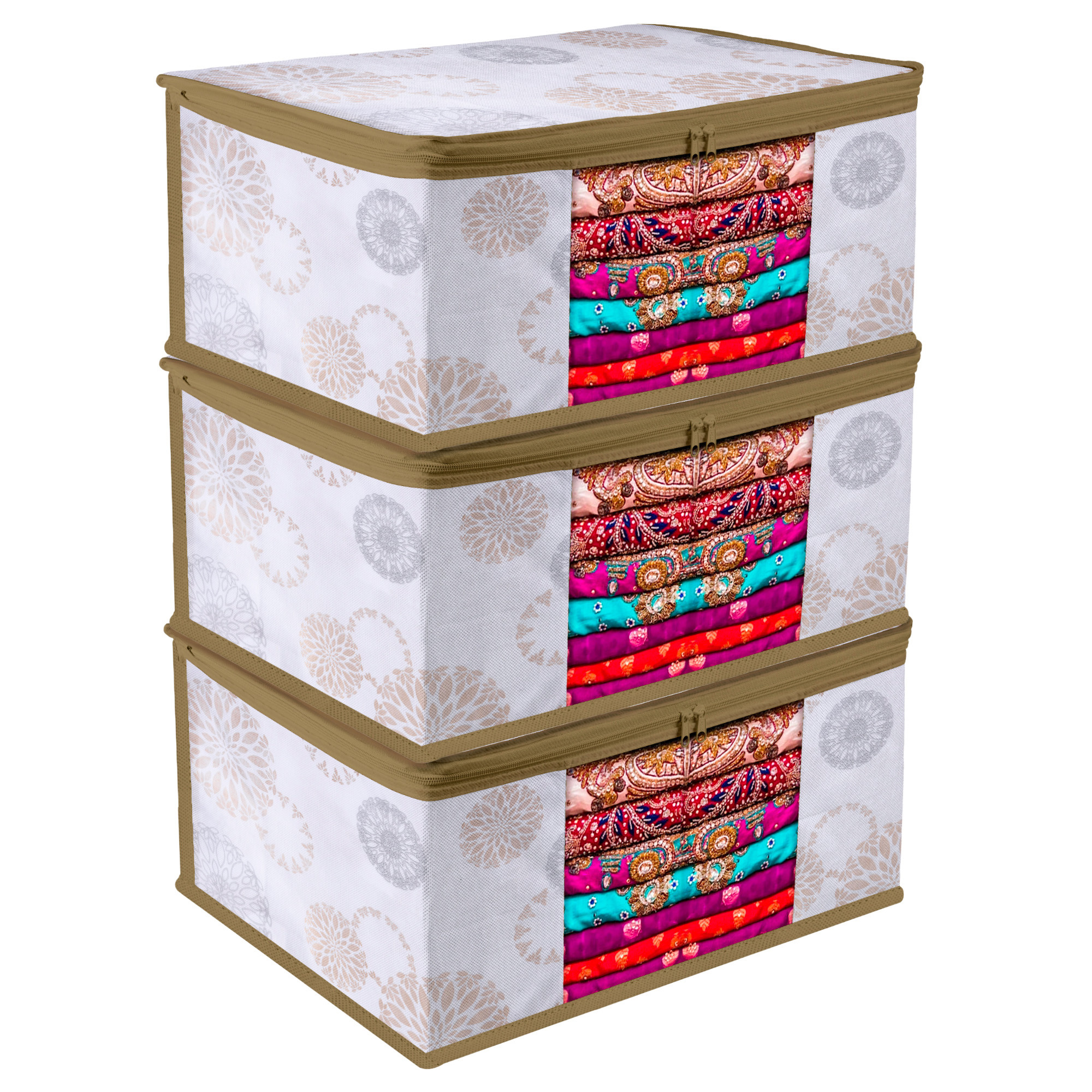 Kuber Industries Saree Storage Bag | Clothes Storage Bag | Wardrobe Storage Bag | Cloth Storage Organizer | Visible Window Saree Bag | Gola-Design | 9 Inch |White