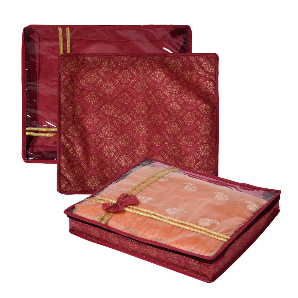 Kuber Industries Saree Storage Bag | Clothes Storage Bag | Wardrobe Storage Bag | Cloth Storage Organizer | Top Visible Window Saree Bag | Bow Golden Printed | 3 Inch |Maroon