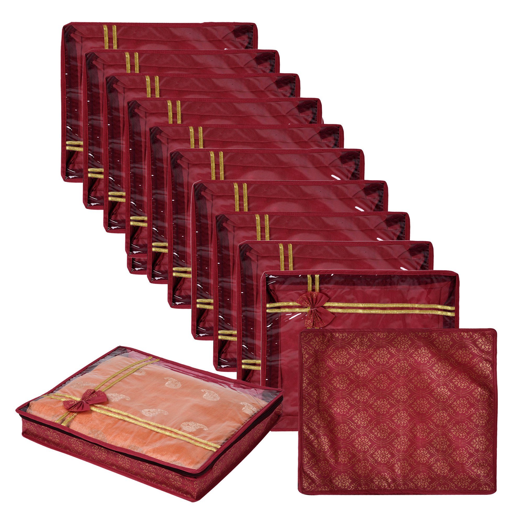 Kuber Industries Saree Storage Bag | Clothes Storage Bag | Wardrobe Storage Bag | Cloth Storage Organizer | Top Visible Window Saree Bag | Bow Golden Printed | 3 Inch |Maroon