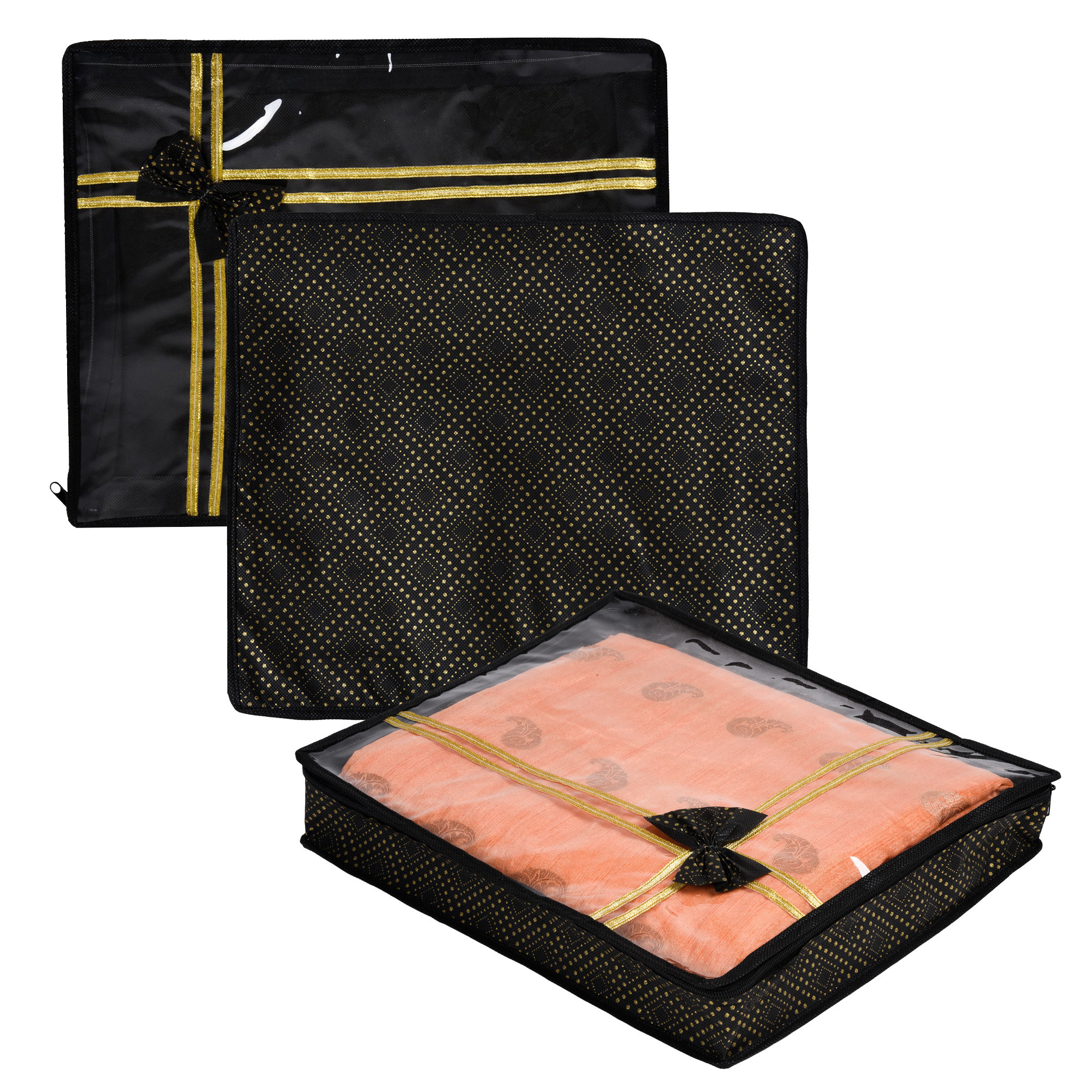 Kuber Industries Saree Storage Bag | Clothes Storage Bag | Wardrobe Storage Bag | Cloth Storage Organizer | Top Visible Window Saree Bag | Bow Golden Dot-Print | 3 Inch |Black