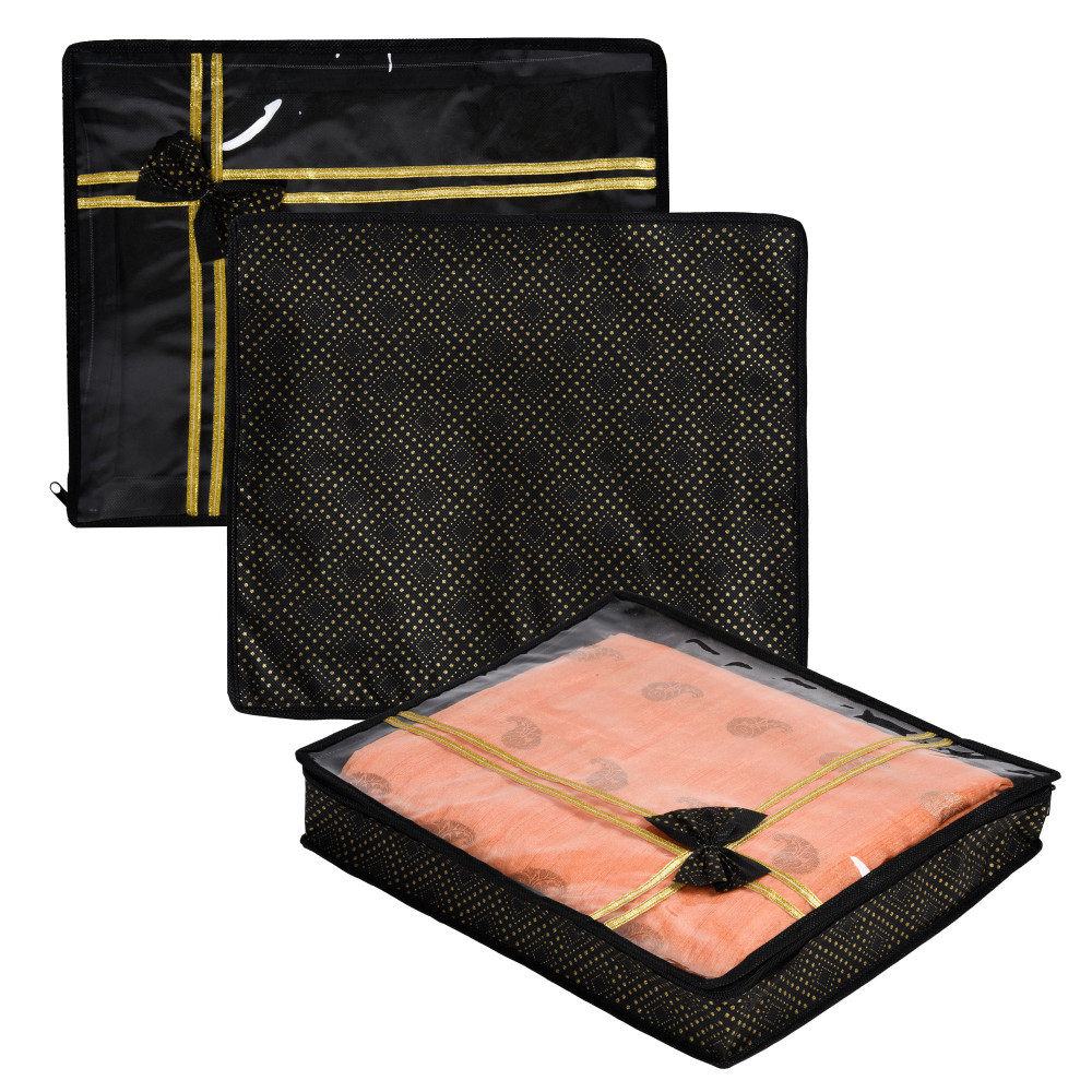 Kuber Industries Saree Storage Bag | Clothes Storage Bag | Wardrobe Storage Bag | Cloth Storage Organizer | Top Visible Window Saree Bag | Bow Golden Dot-Print | 3 Inch |Black